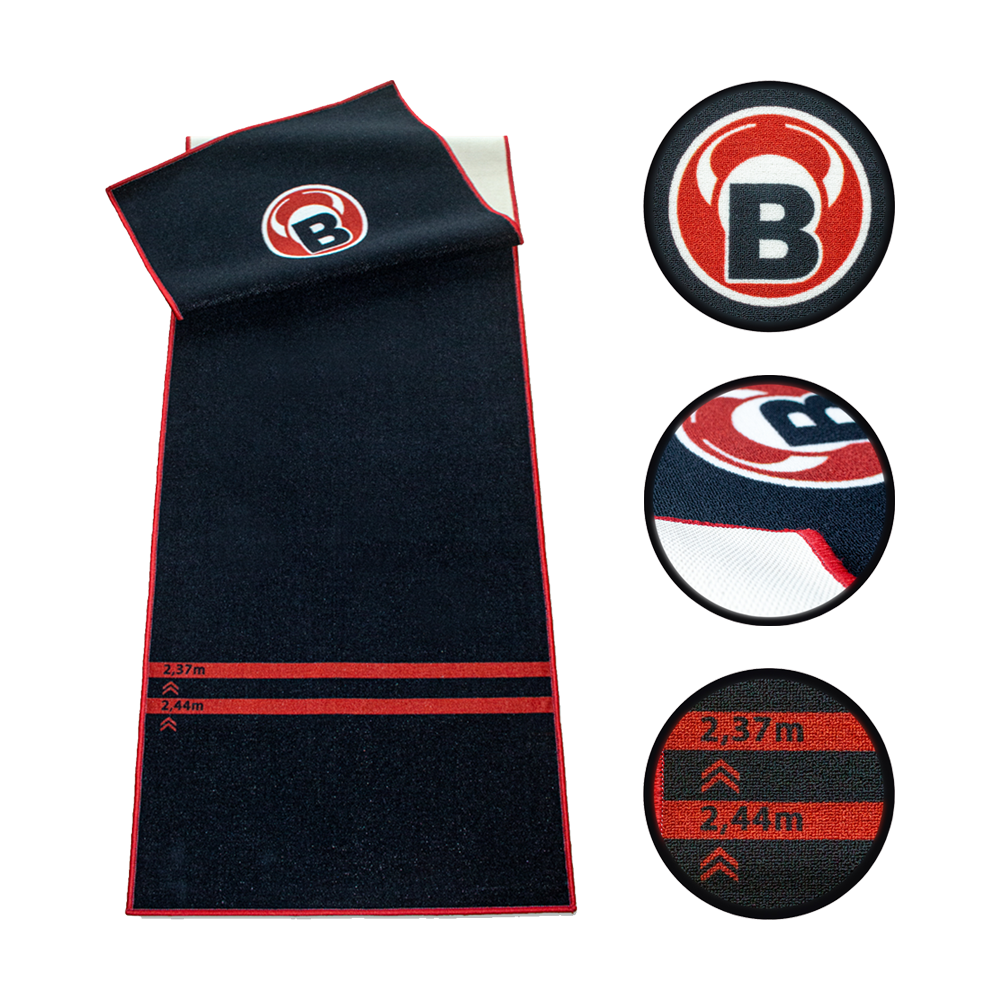 67805_Bulls_Carpet-Mat_Teppich_170_Black_2 Das Bild zeigt den Bulls Carpet-Mat Teppich 170 in Schwarz mit roten Markierungen und einem großen "B"-Logo. Auf dem Teppich sind zwei Längenmaße (2,37 m und 2,44 m) in Rot eingezeichnet.