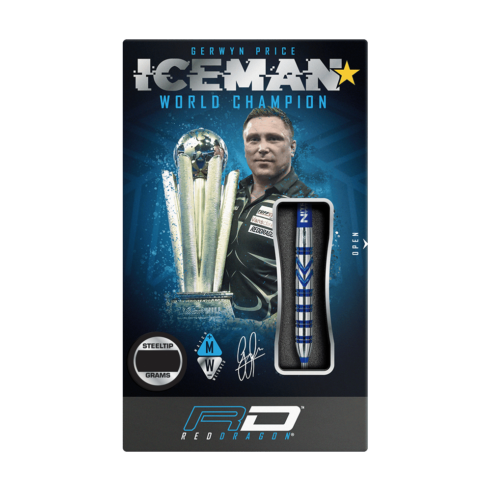 RD1890_Red_Dragon_Gerwyn_Price_Blue_90_Steeldarts_3 Auf der Verpackung sind die Red Dragon Gerwyn Price Blue 90% Steeldarts abgebildet. Im Hintergrund sieht man Gerwyn Price sowie eine Trophäe und den Schriftzug "ICEMAN WORLD CHAMPION".