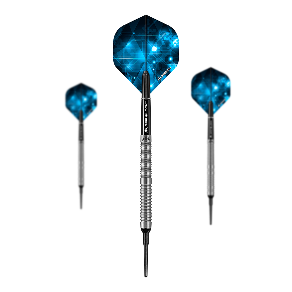 Dardos blandos Mission Octane Modelo 1 - 20 g Das Bild zeigt drei Softdarts des Modells "Mission Octane Model 1" mit einem Gewicht von 20g. Die Flights haben ein blaues, grafisches Muster und die Schäfte sind silberfarben.