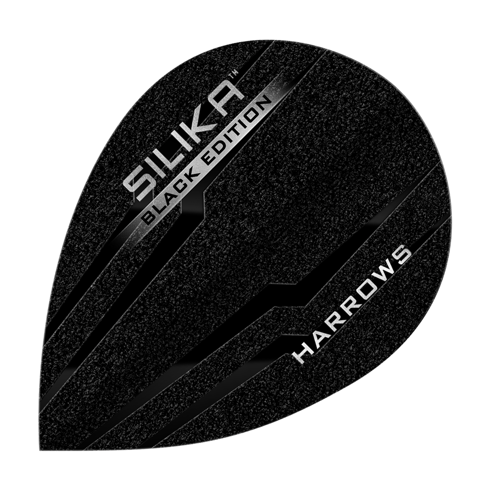 Plumas de pera Harrow's Silica Black-Edition Dieses Bild zeigt das Produkt "Harrows Silika Black-Edition Pear Flights". Die Flights sind schwarz mit silbernen Akzenten und dem Text "SILIKA BLACK EDITION" sowie "HARROWS" darauf.