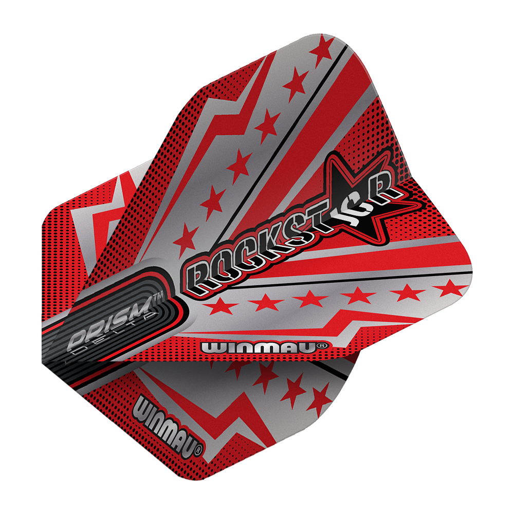 Vuelos estándar Winmau Prism Delta Joe Cullen Rockstar Series No2 Das Bild zeigt ein Dartflight aus der Winmau Prism Delta Joe Cullen Rockstar Series No2 Standard Flights. Das Design ist in Rot, Silber und Schwarz gehalten und zeigt Sterne sowie das Wort "Rockstar" in großer Schrift.