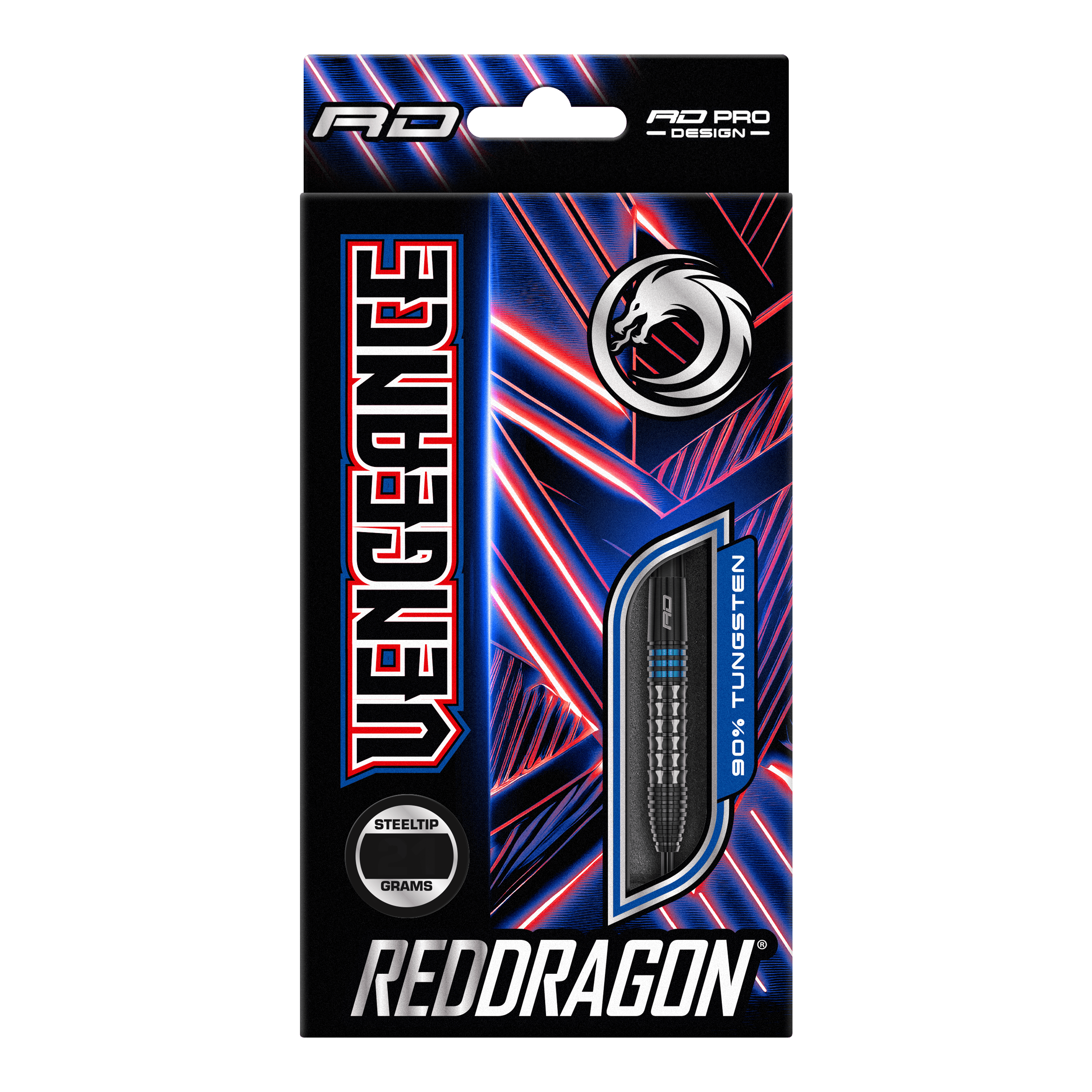 Dardos de acero azul Red Dragon Vengeance Auf dem Bild ist die Verpackung der "Red Dragon Vengeance Blue Steeldarts" zu sehen. Die Schachtel ist schwarz mit blauen und roten Akzenten und zeigt einen Dartpfeil mit dem Hinweis auf 90% Tungsten.