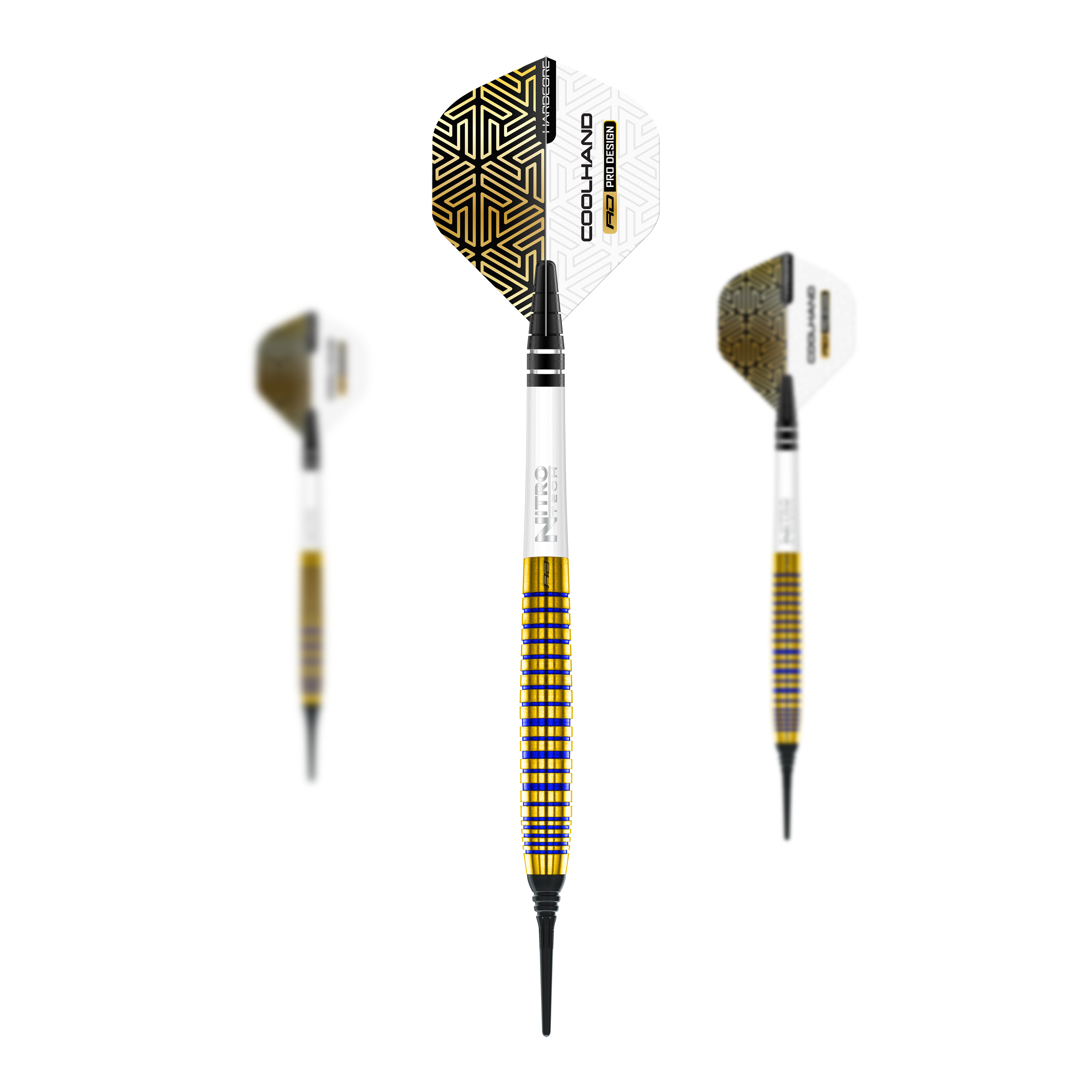 Dardos blandos Red Dragon Luke Humphries TX3 Gold SE - 20 g Auf dem Bild sind drei Softdarts des Modells "Red Dragon Luke Humphries TX3 Gold SE" mit einem Gewicht von 20g zu sehen. Die Darts haben goldene und weiße Designelemente mit schwarzen Spitzen und auffälligen Flights.