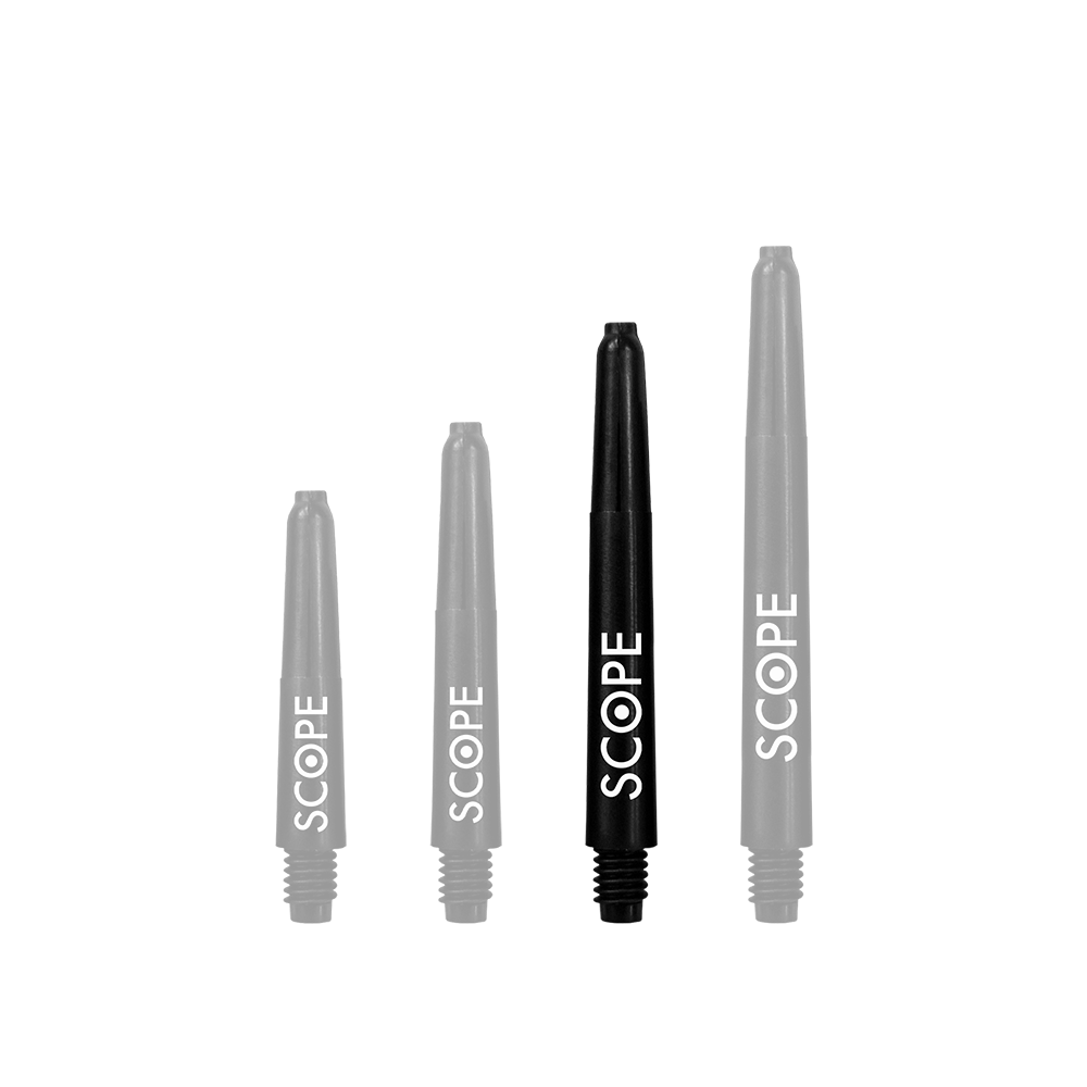 522_McDart_Scope_Nylon_Shafts_Schwarz_41mm_1 Das Bild zeigt vier schwarze McDart Scope Nylon Shafts in verschiedenen Längen. Auf jedem Shaft steht das Wort "SCOPE" in weißen Buchstaben.