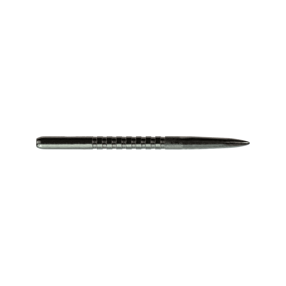 57752_Bulls_GP3_Steeldartspitzen_Schwarz_38mm_2 Das Bild zeigt eine schwarze Steeldartspitze des Produkts "Bulls GP3 Steeldartspitzen Schwarz". Die Spitze ist schlank, metallisch und hat Rillen für besseren Halt.
