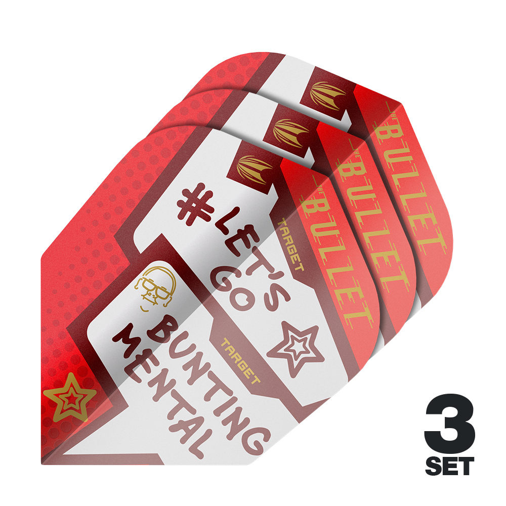 Vuelos Target Pro Ultra Stephen Bunting Mental No6 - 3 juegos Das Bild zeigt drei Sets der Target Pro Ultra Stephen Bunting Mental No6 Flights für Dartpfeile. Die Flights sind rot und weiß gestaltet und tragen die Aufschrift "#LET'S GO BUNTING MENTAL".