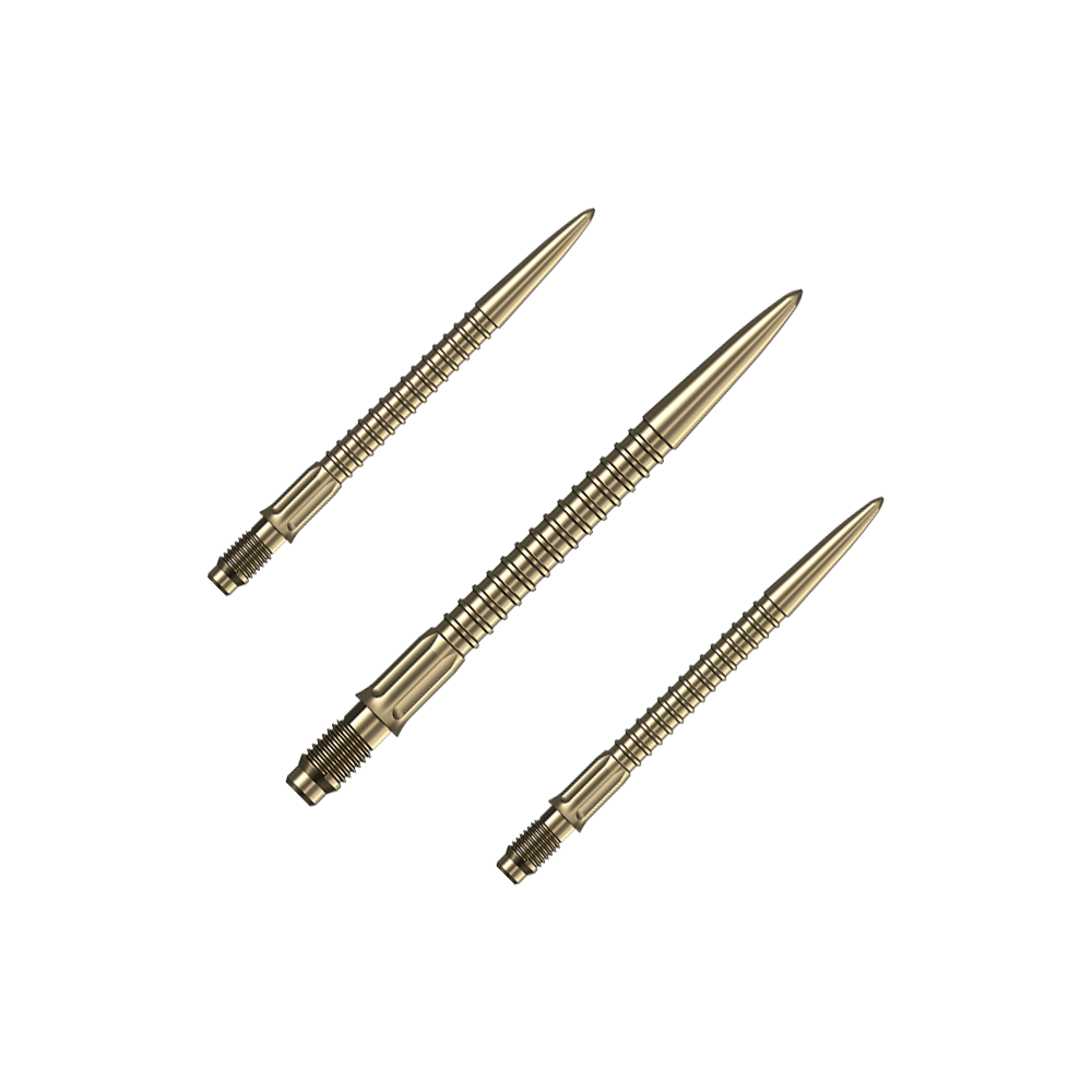 Puntas de dardo Mission R2.5 Rapid Point GV1 - Oro Ein Set goldener Dartspitzen ist auf dem Bild zu sehen. Das Set ist für Dartpfeile gedacht.
