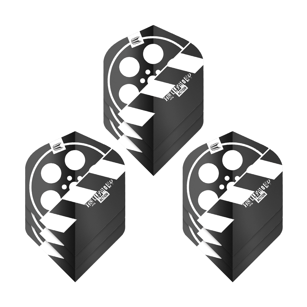 Target Pro Ultra Chris Dobey Hollywood Action No2 Vuelos Estándar - 3 Juegos Das Bild zeigt drei Sets von Dart-Flights mit einem Filmklappen-Design in Schwarz und Weiß. Die Flights tragen den Namen "Target Pro Ultra Chris Dobey Hollywood Action No2 Standard Flights".