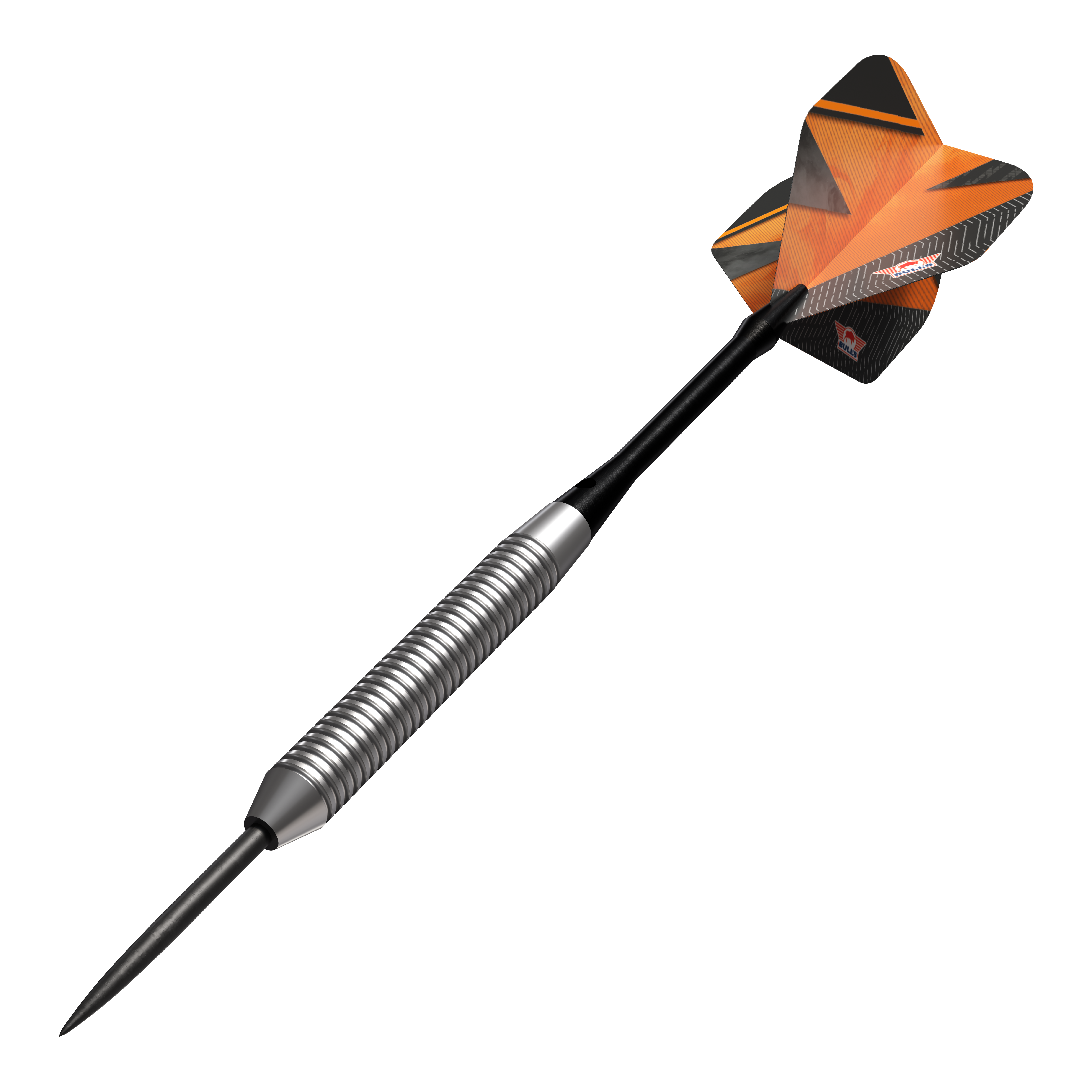 Dardos de acero naranja Bulls NL Lightning Das Bild zeigt einen Bulls NL Lightning Orange Steeldart. Der Dart hat einen silbernen, gerillten Schaft und orangene Flights mit schwarzen Akzenten.