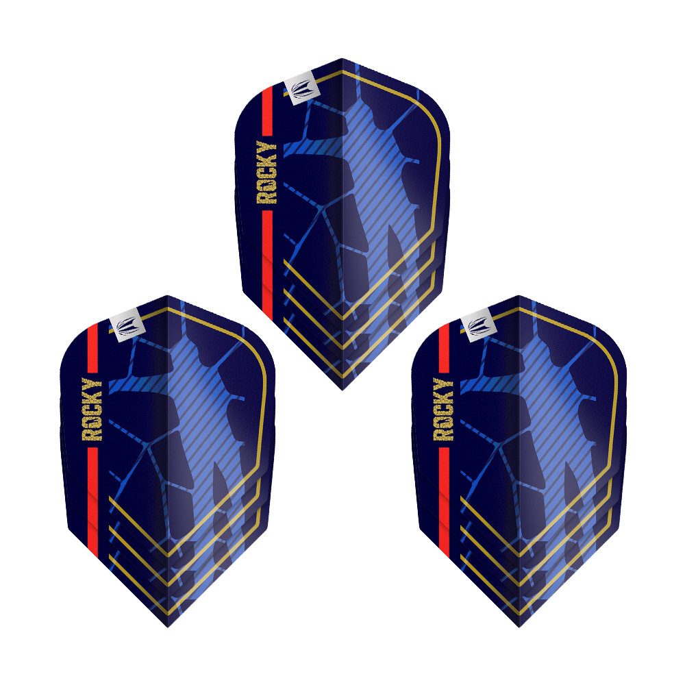 Vuelos Target Pro Ultra Josh Rock GEN1 No6 - 3 juegos Das Bild zeigt drei Dartflights des Produkts „Target Pro Ultra Josh Rock GEN1 No6 Flights - 3 Sets“. Die Flights sind dunkelblau mit goldenen Linien, einer roten Streifen und dem Schriftzug „ROCKY“ versehen.