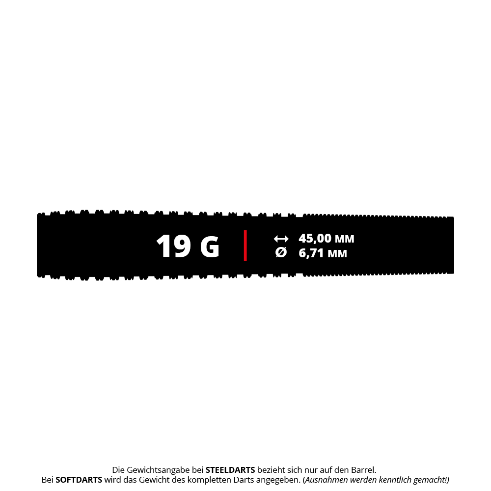 Dardos blandos Bulls NL Romeo Grbavac - 19 g Das Bild zeigt die Produktinformationen für Bulls NL Romeo Grbavac Softdarts mit einem Gewicht von 19 Gramm. Die Darts haben eine Länge von 45,00 mm und einen Durchmesser von 6,71 mm.