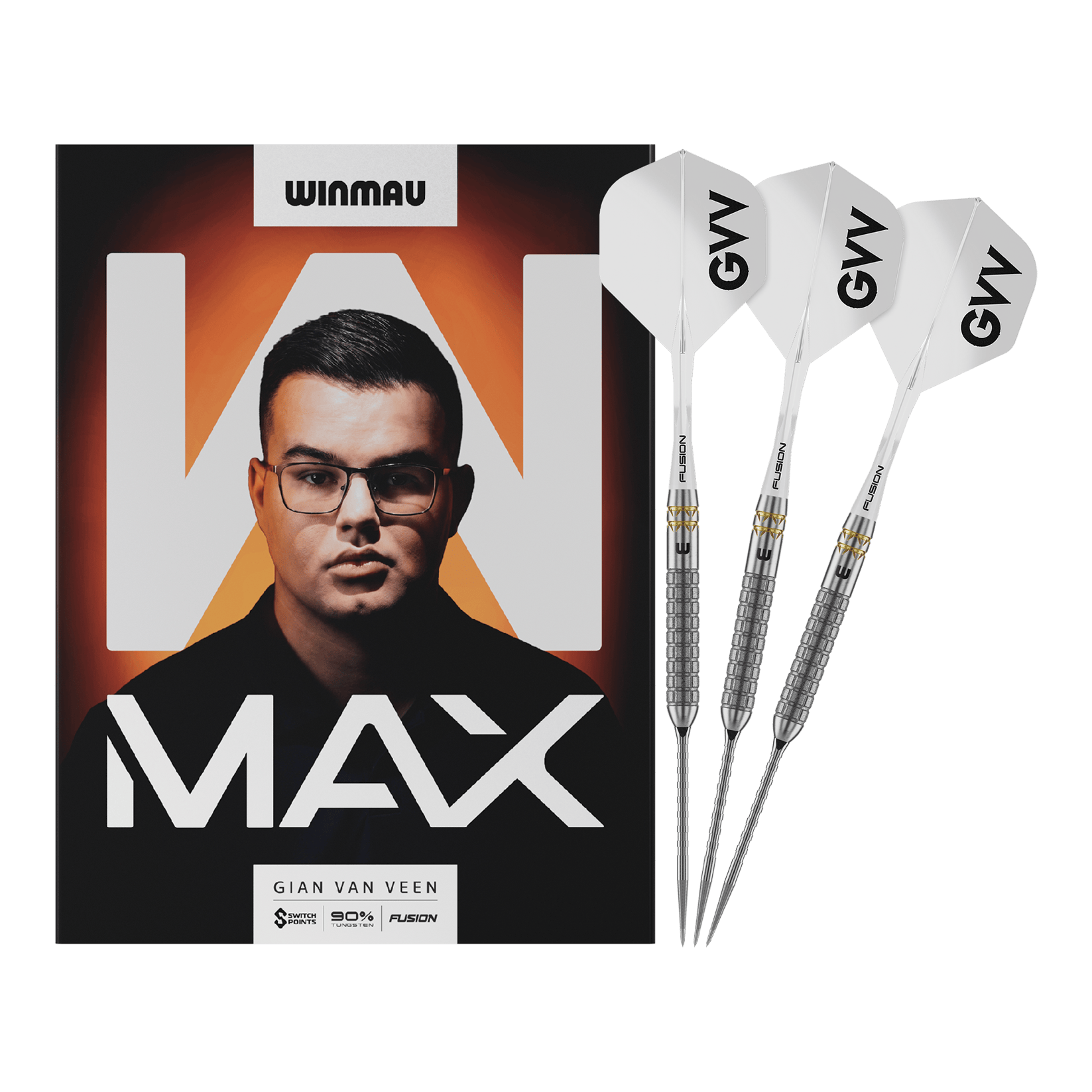 Dardos de acero Winmau Gian Van Veen W-MAX Switch Point Das Bild zeigt Winmau Gian Van Veen W-MAX Switch Point Steeldarts in voller Länge. Alle Details des Darts sind sichtbar.