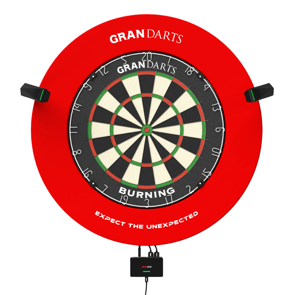 Sistema de puntuación automática de dardos de acero GranDarts Gran Eye GEN2 Das Bild zeigt das GranDarts GranEye Steeldart Auto-Scoring-System mit einer roten Umrandung und einer klassischen Dartscheibe. Kameras sind an den Seiten angebracht, um die automatisierte Punktezählung zu ermöglichen.