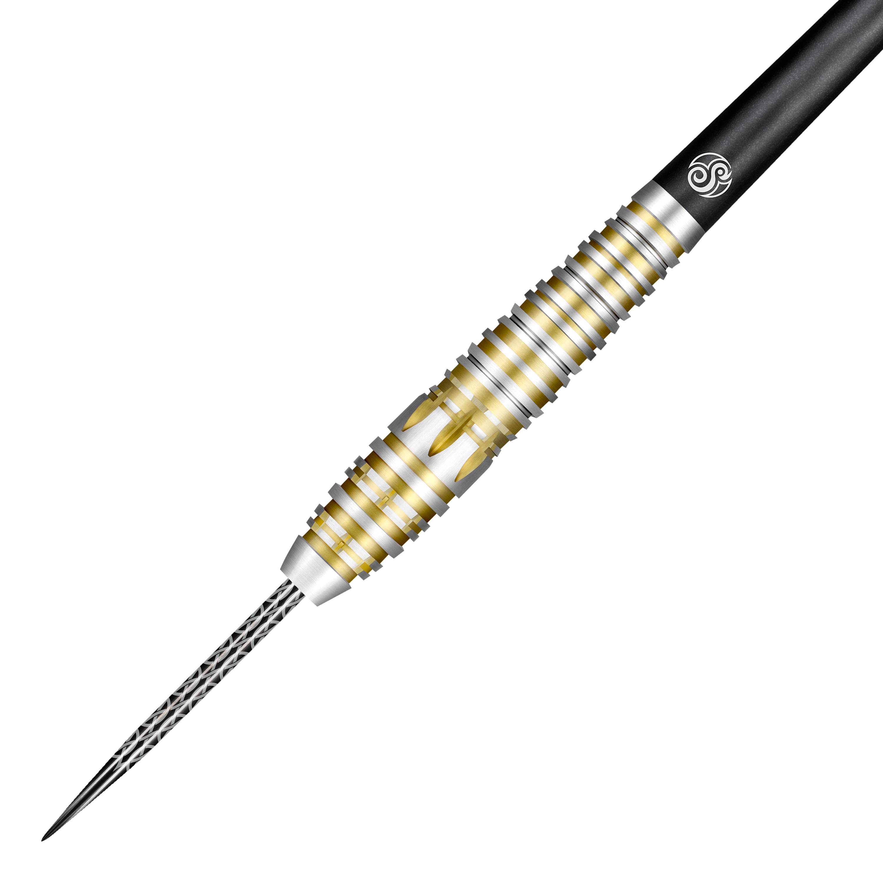 Dardos de acero Shot Celt Balor Das Bild zeigt einen Shot Celt Balor Steeldart mit silbernen und goldenen Rillen am Griff. Die Spitze ist aus Metall und der Schaft ist schwarz.