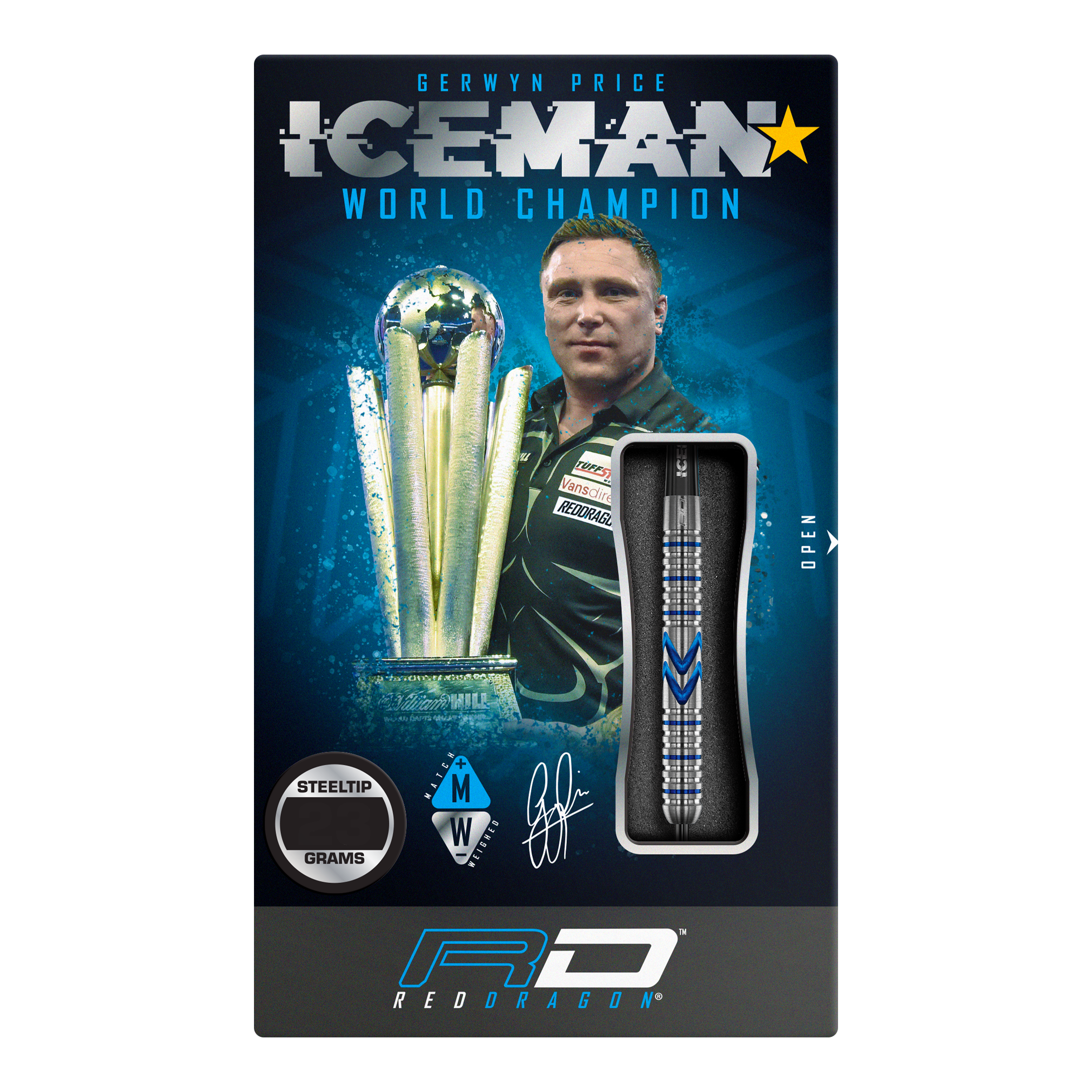Dardos de acero Red Dragon Gerwyn Price Iceman Midnight Edition Das Bild zeigt die Verpackung der "Red Dragon Gerwyn Price Iceman Midnight Edition Steeldarts". Auf der Verpackung ist ein Bild von Gerwyn Price mit einem Pokal und einem Steel-Dart abgebildet.