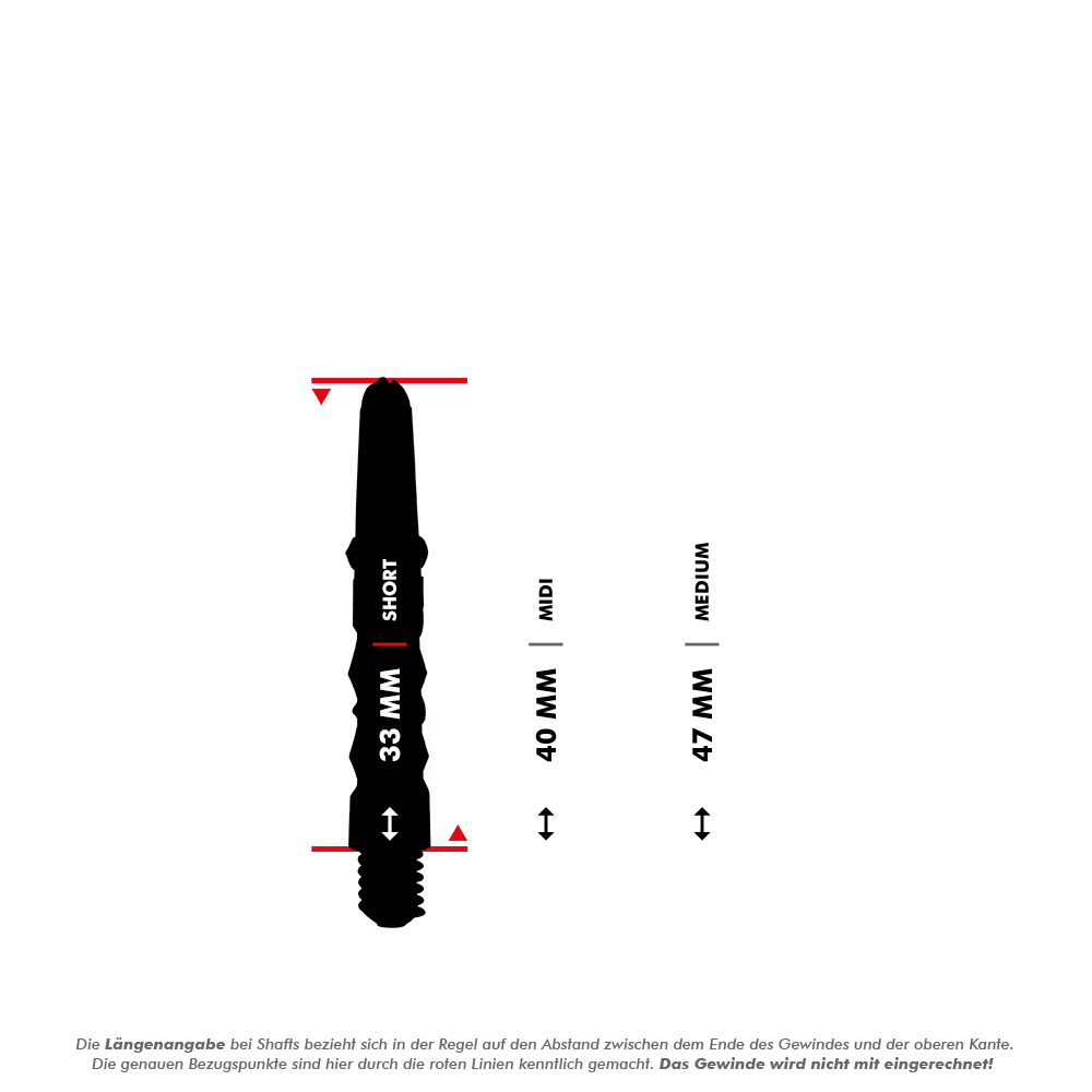Harrows_Carbon_ST_Shafts_5_33mmpdbWzzCMm0goH Das Bild zeigt die Längenangaben der Harrows Carbon ST Shafts in Grün. Es sind drei Größen dargestellt: Short (33 mm), Midi (40 mm) und Medium (47 mm).