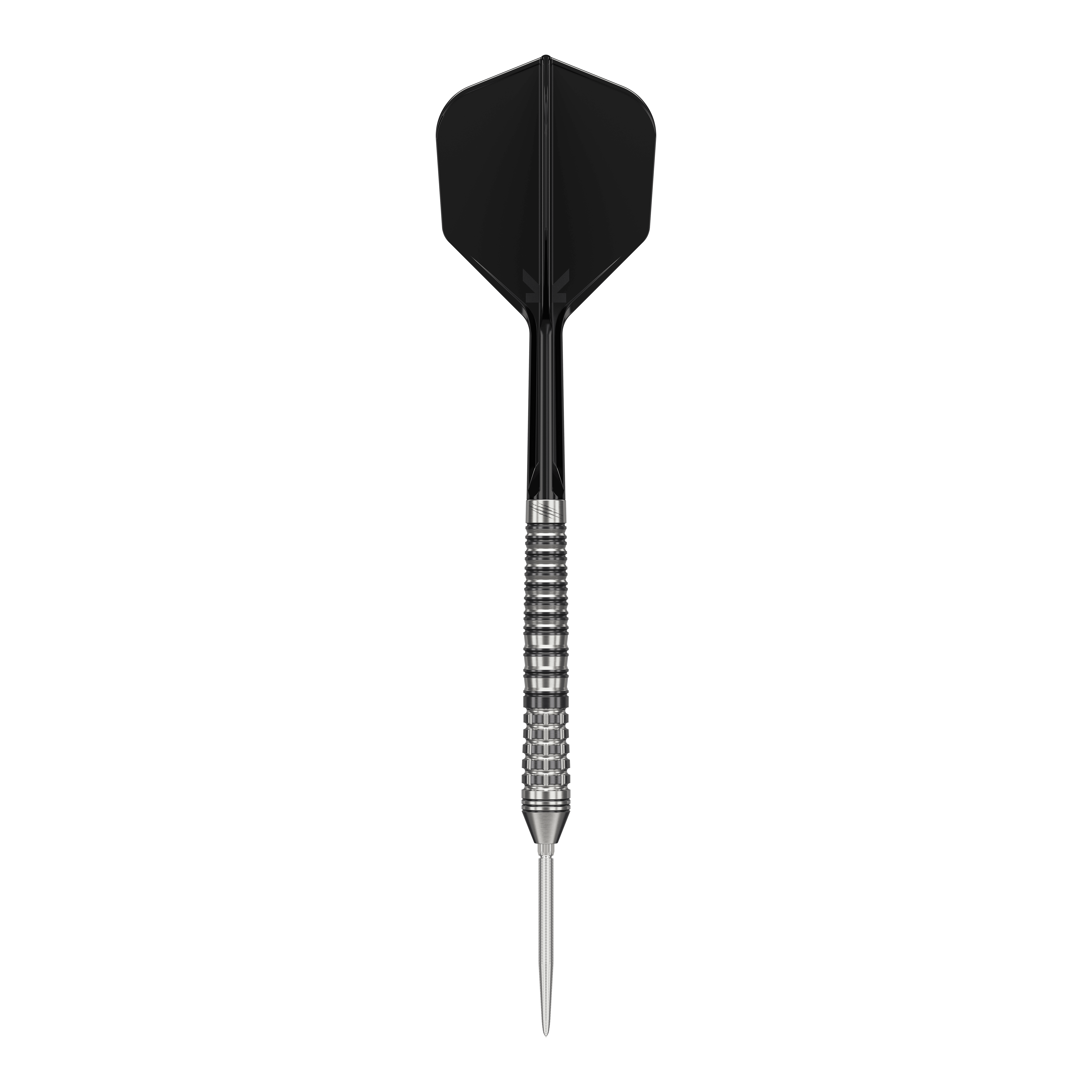 Dardos de acero Target Black Marque Renegade 4 Swiss Point Das Bild zeigt einen Target Black Marque Renegade 4 Swiss Point Steeldart. Der Dartpfeil hat eine schwarze Flugfeder und einen silbernen, gerillten Schaft.