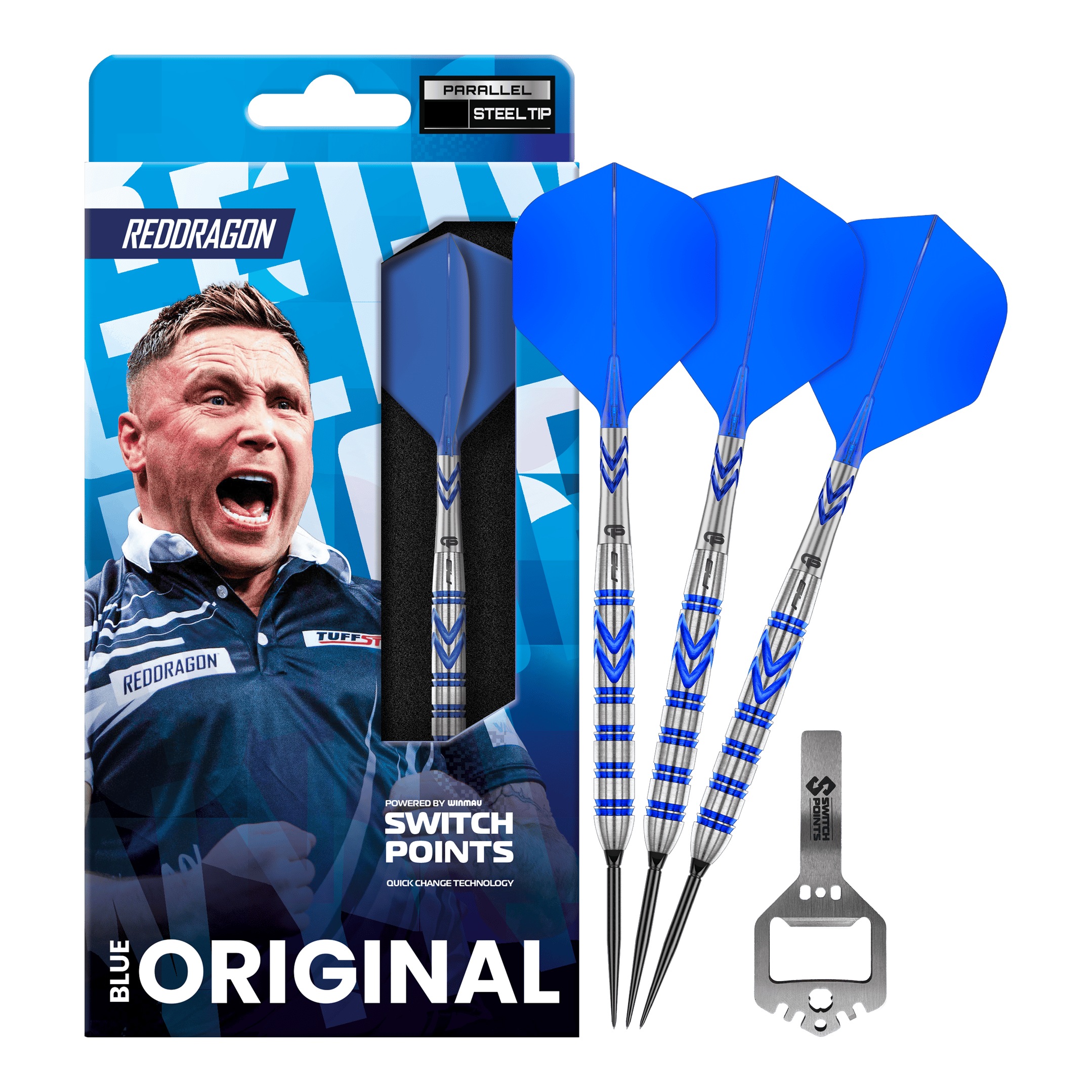 Dardos de acero Red Dragon Gerwyn Price Blue Original Switch Point Das Bild zeigt die Red Dragon Gerwyn Price Blue Original Switch Point Steeldarts. Es handelt sich um hochwertige Steeldarts mit blauem Design.