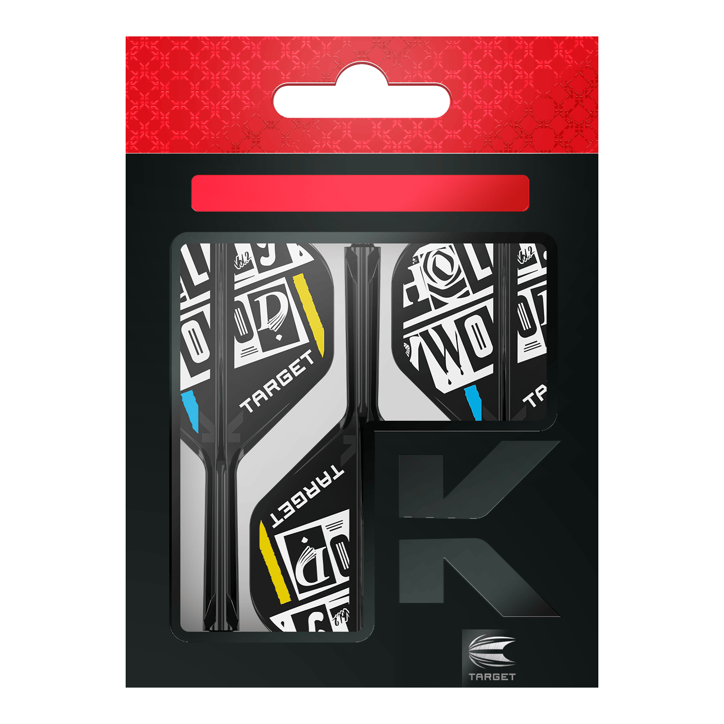 Das Bild zeigt eine Packung der "Target K-Flex Chris Dobey No2 Standard Flights". Die Flights sind schwarz-weiß mit gelben und blauen Akzenten gestaltet und befinden sich in einer schwarzen Verpackung mit rotem Aufhänger.