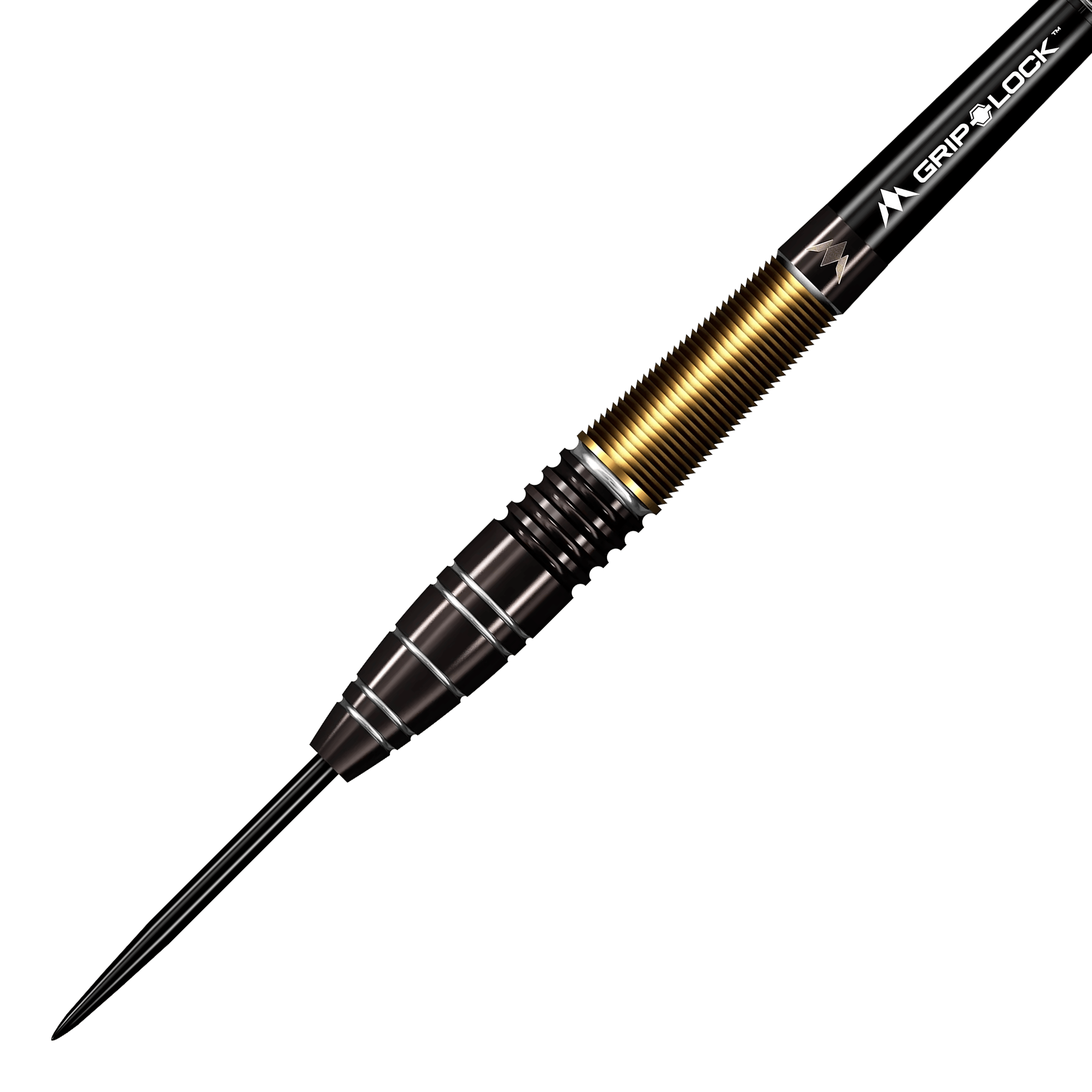 Dardos de acero Mission Crypt Modelo 1 - 22 g Das Bild zeigt einen Mission Crypt Model 1 Steeldart mit einem Gewicht von 22g. Der Dart hat ein elegantes Design mit schwarzen und goldenen Akzenten.