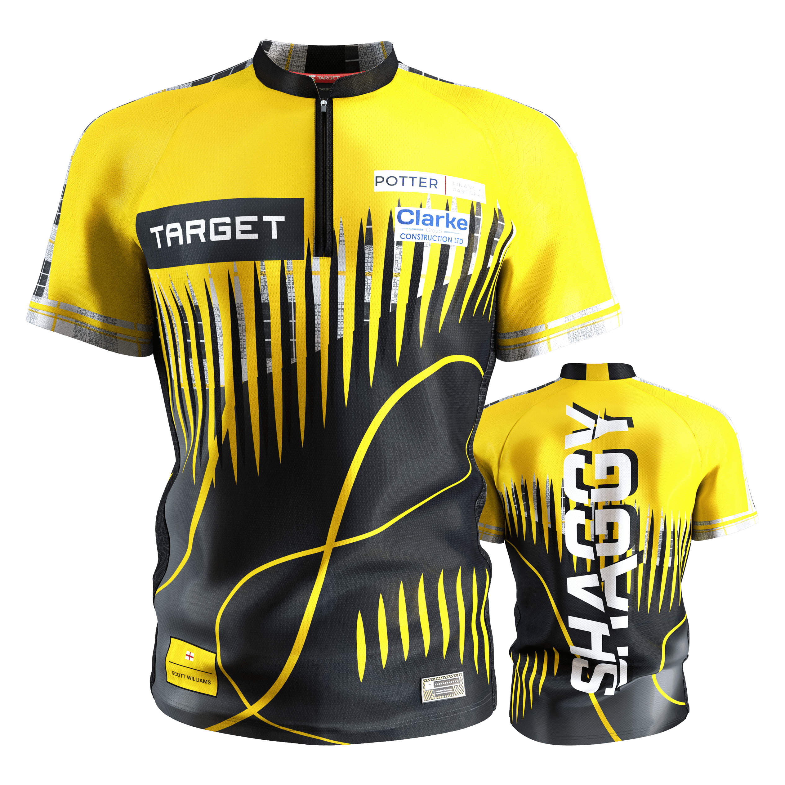 Camiseta de dardos Target Coolplay Scott Williams 2025 Das Bild zeigt das "Target Coolplay Scott Williams 2025 Dartshirt" in Gelb und Schwarz mit auffälligem Muster. Auf der Rückseite steht groß das Wort "SHAGGY".