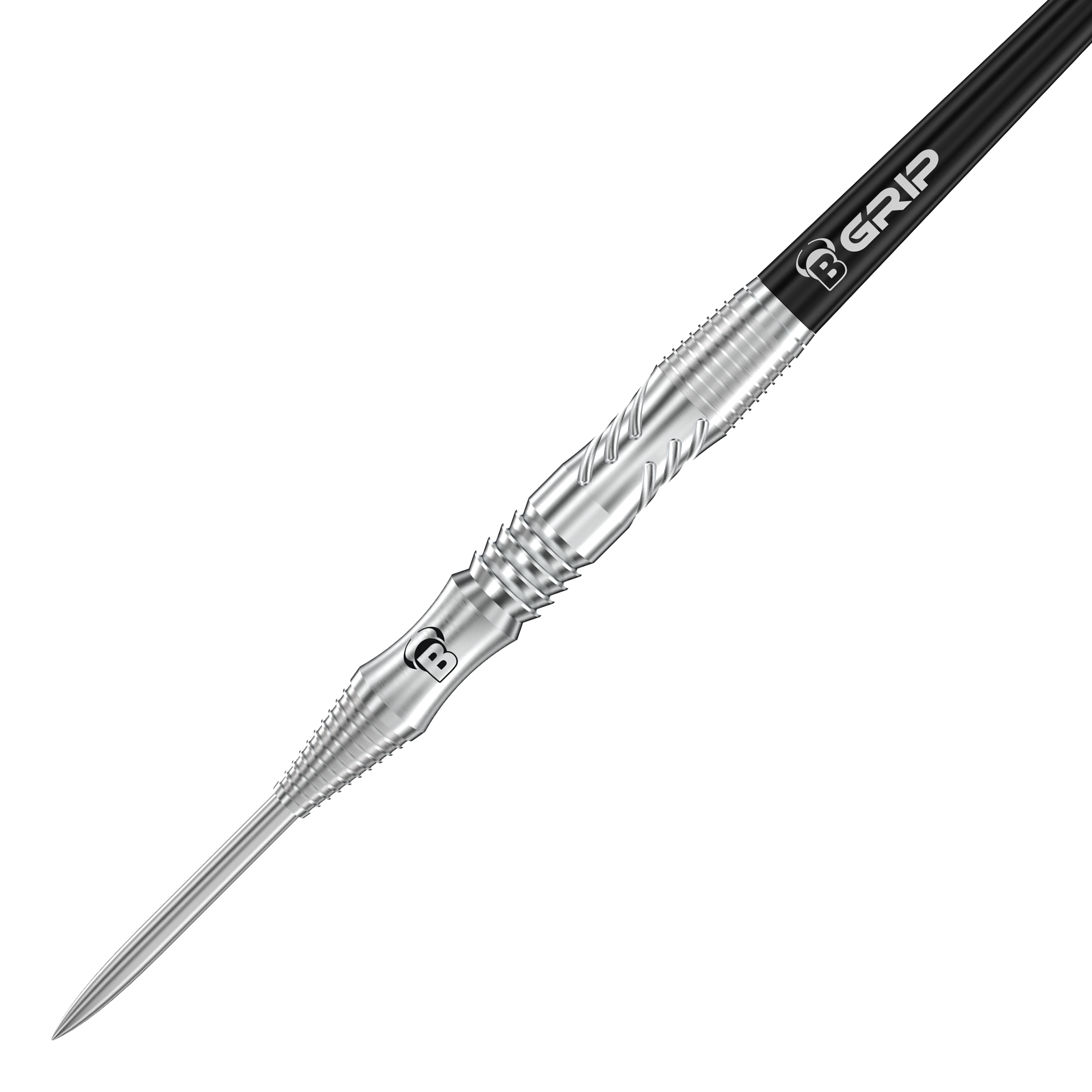 Dardos de acero Bulls Tac T1 Das Bild zeigt einen Bull’s Tac T1 Steeldart mit silberner Spitze und strukturiertem Griff. Auf dem Dart steht das Logo "B GRIP" auf einem schwarzen Schaft.