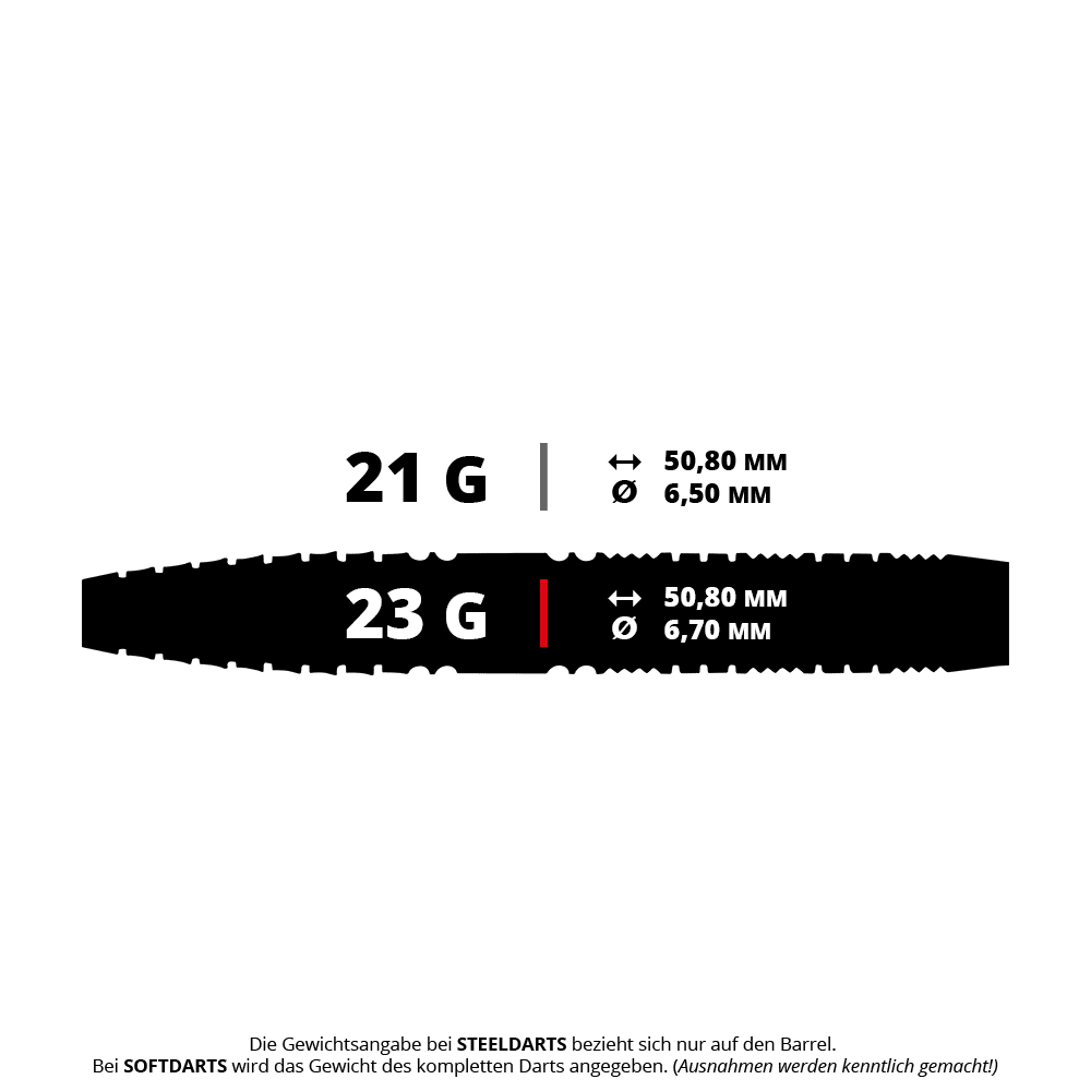 Dardos cónicos de acero Red Dragon Recon Das Bild zeigt Steeldarts mit dem Namen 'Recon Tapered' von Red Dragon. Die Darts wiegen 23 Gramm.