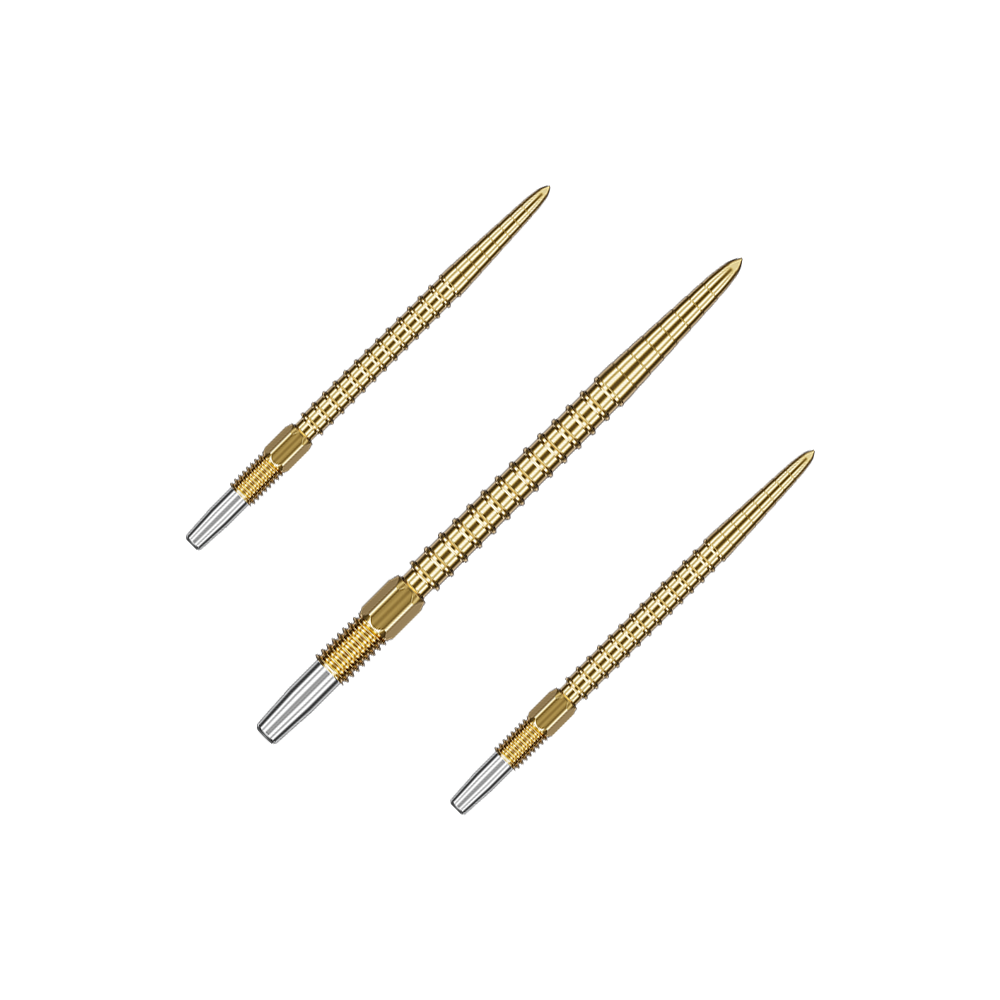 Puntas de dardos Target Swiss Point Chrono - Oro Das Bild zeigt drei goldfarbene Dartspitzen mit silbernem Gewinde am hinteren Ende. Sie sind gleichmäßig angeordnet und haben ein schlankes, spitzes Design.