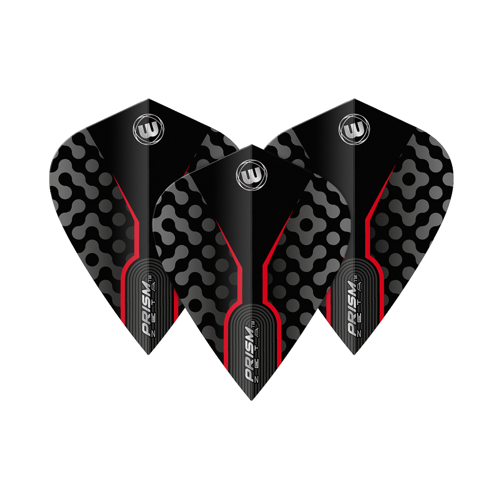 Vuelos Cometa Winmau Zeta Negro Rojo Das Bild zeigt drei Winmau Zeta Black Red Kite Flights. Sie sind schwarz mit roten Linien und einem auffälligen Muster in Grau.