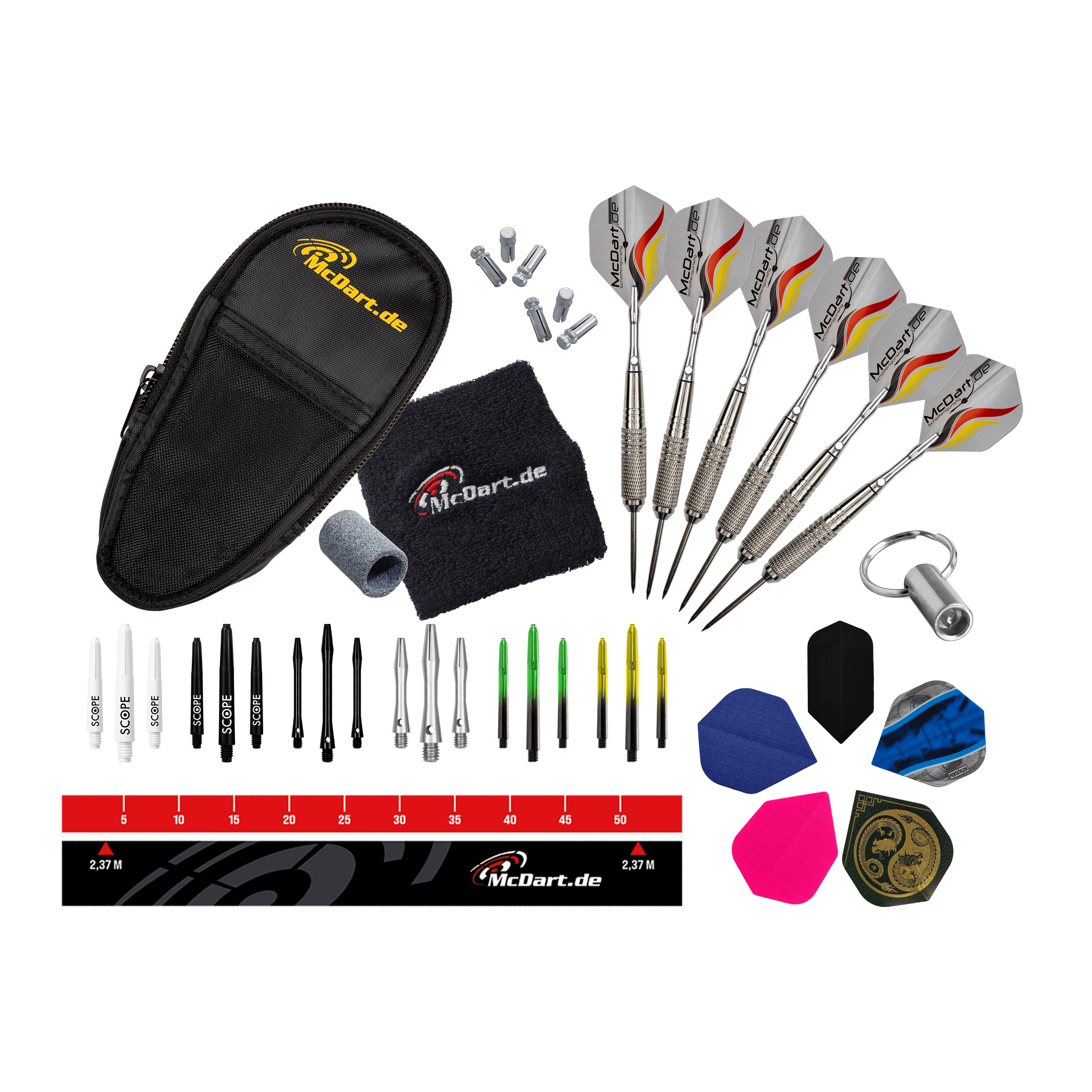 Paquete de inicio McDart Dardo de acero Das Bild zeigt das McDart Starterpack. Es handelt sich um ein Starterset für Dartspieler.
