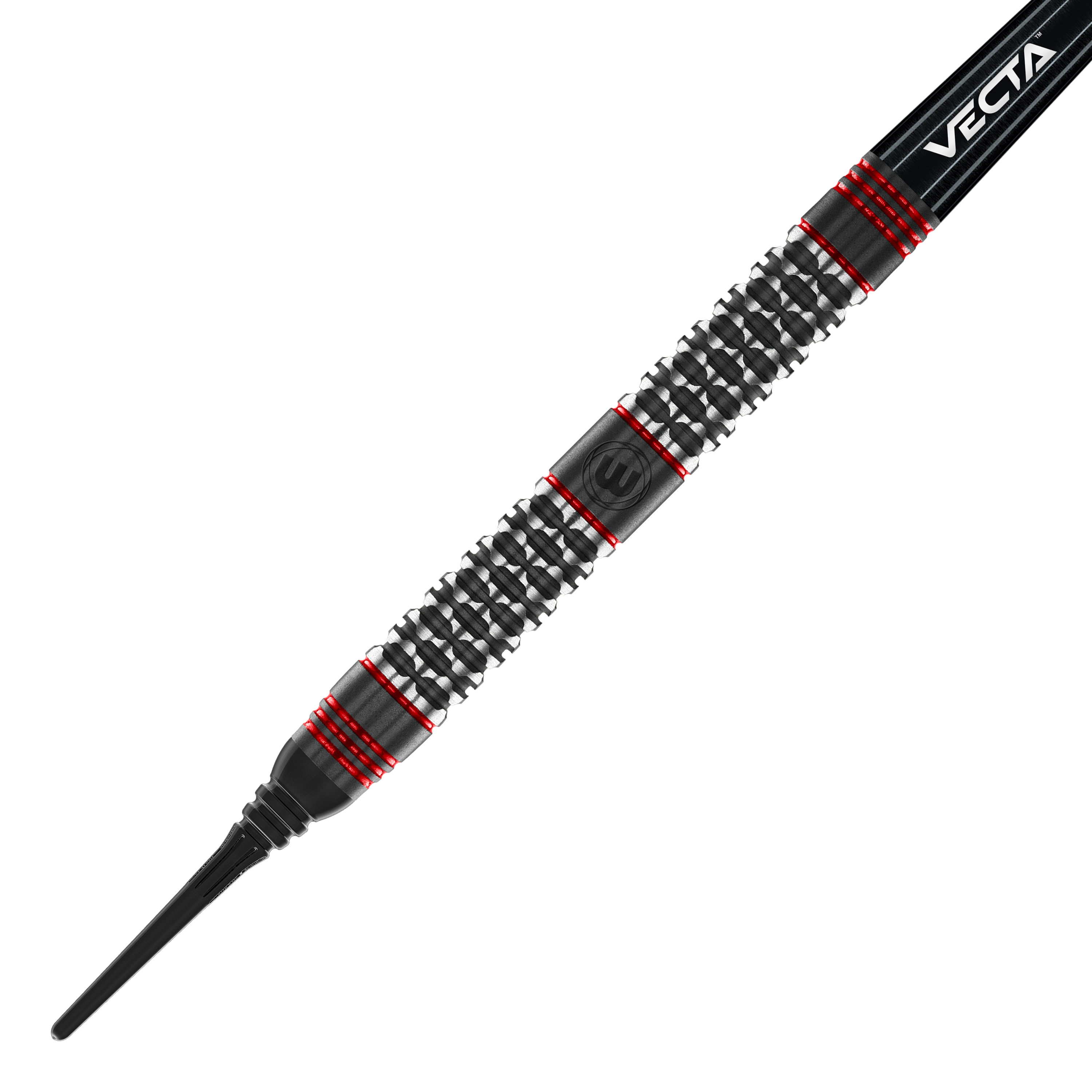 Dardos blandos Winmau Cypher - 20 g Das Bild zeigt einen Winmau Cypher Softdart mit einem Gewicht von 20g. Der Dart hat ein schwarzes und silbernes Design mit roten Akzenten und einer strukturierten Griffzone.