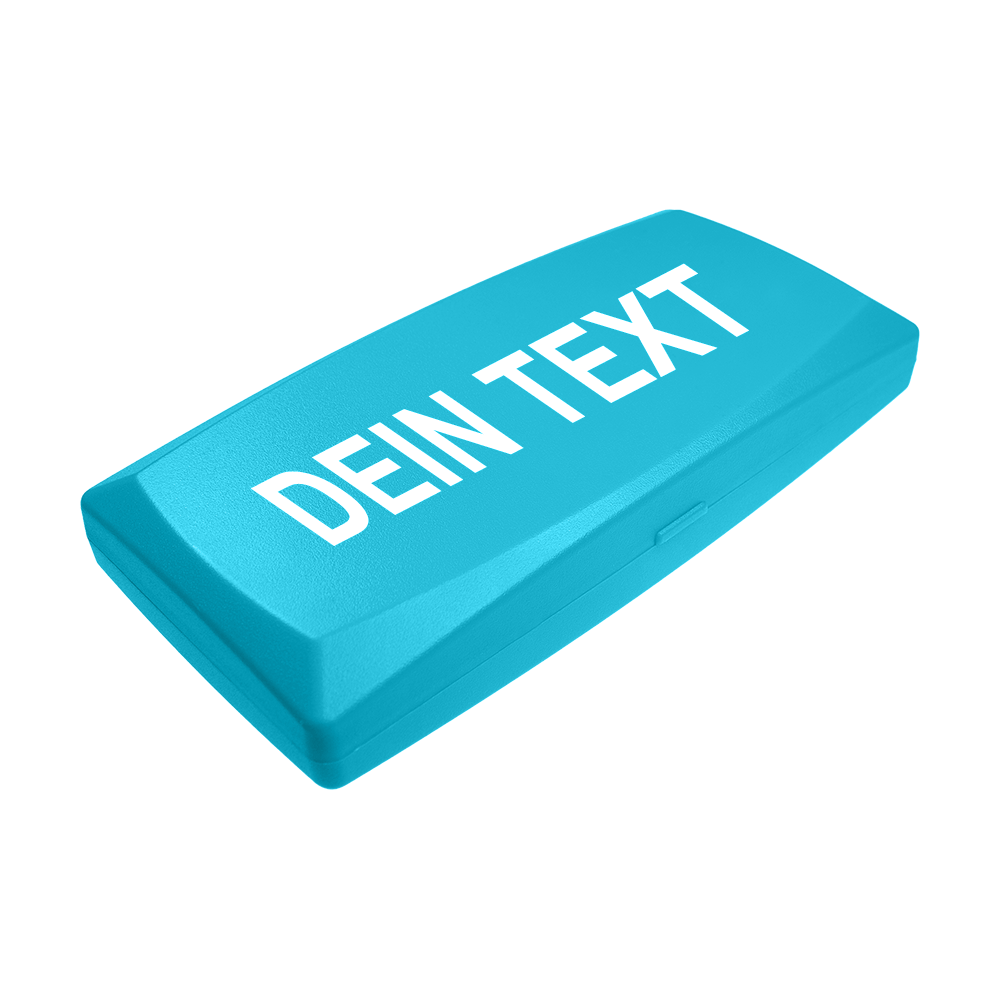 Caja de ABS con impresión personalizada Die Abbildung zeigt eine himmelblaue Kunststoffbox mit abgerundeten Kanten. Auf dem Deckel steht in weißen Großbuchstaben der Text "DEIN TEXT".