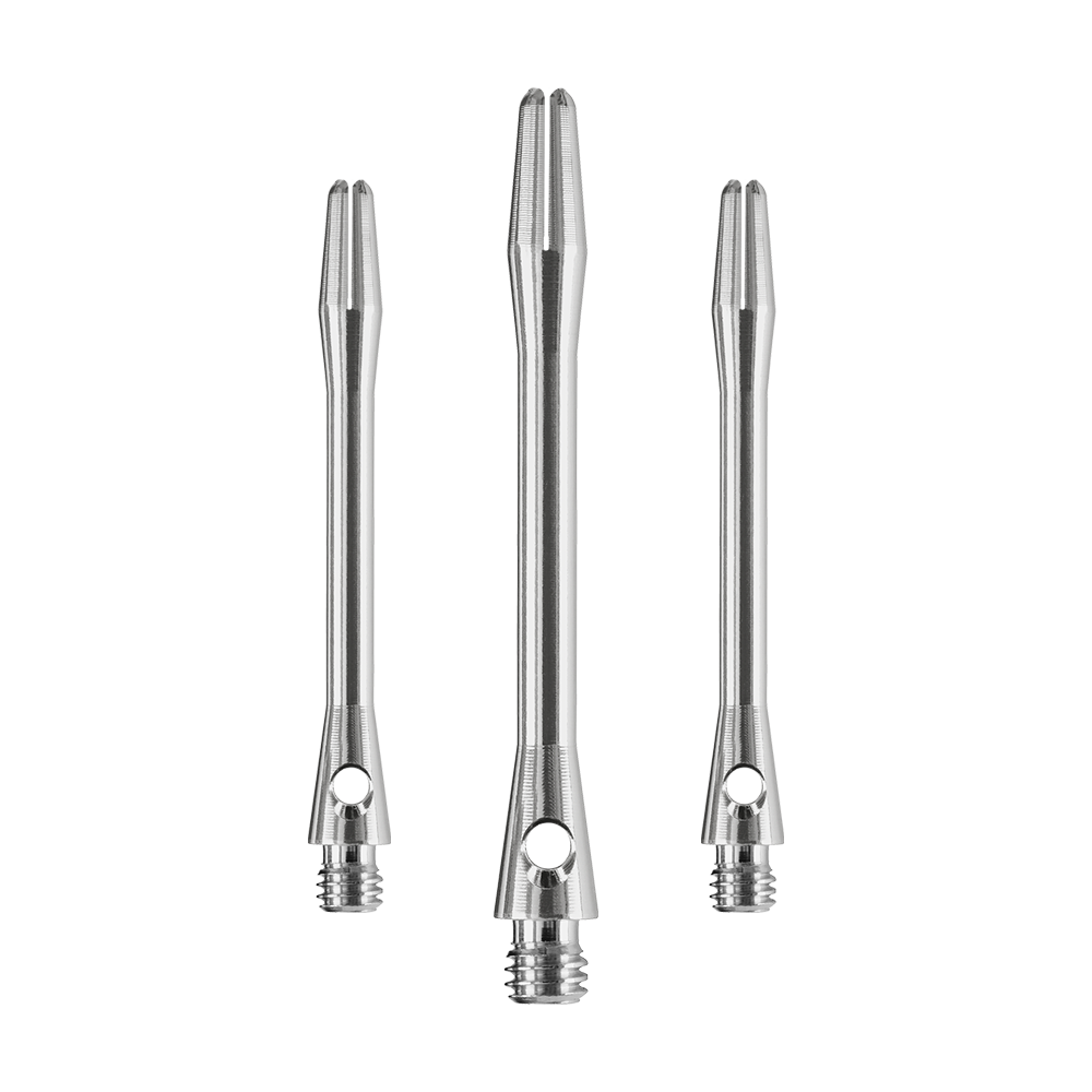 HR371_Harrows_Keramic_Shafts_Gun_Metal_47mm_1 Das Bild zeigt drei glänzende Harrows Keramic Shafts in der Farbe Gun Metal. Sie sind in unterschiedlicher Länge angeordnet und haben ein modernes, metallisches Design.
