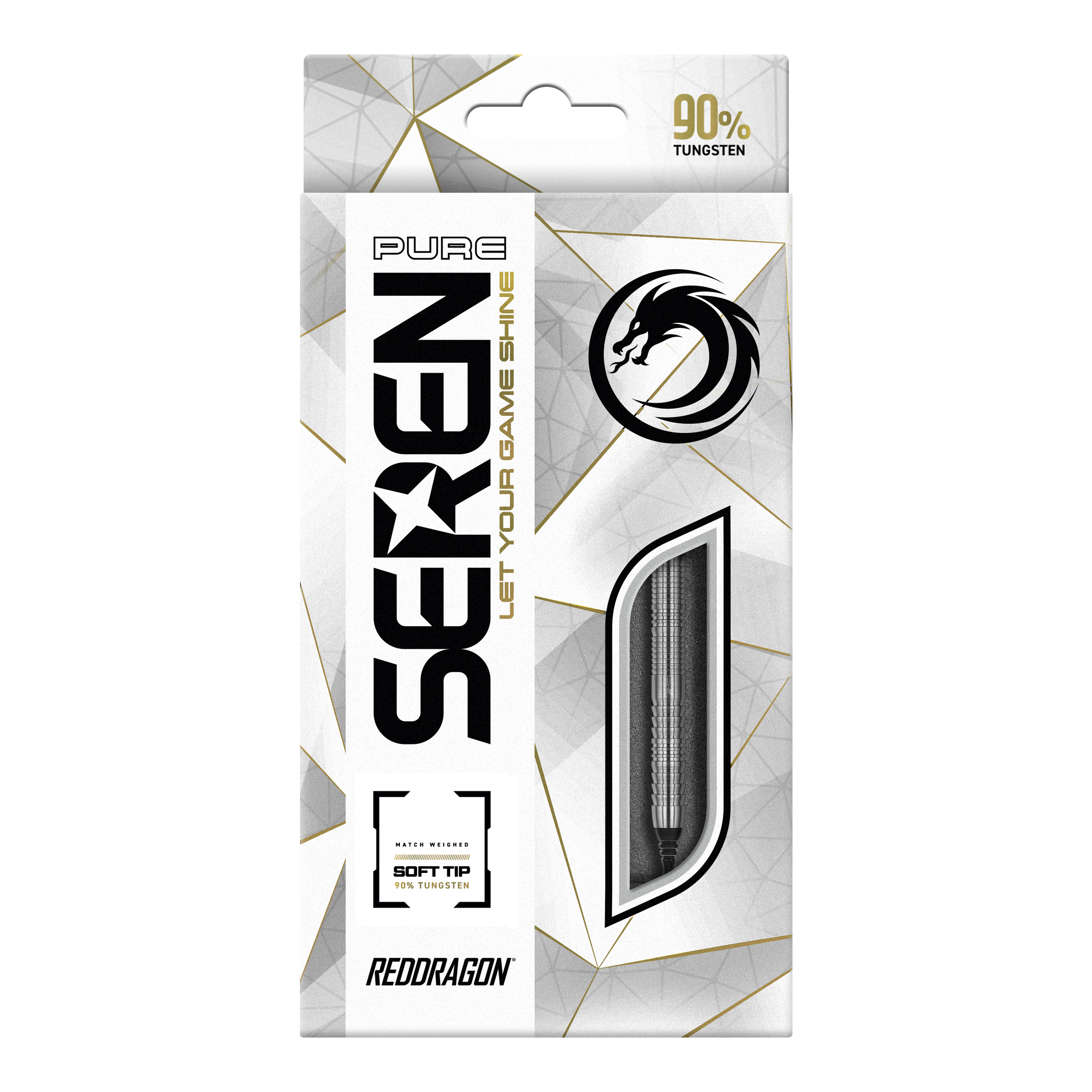Dardos blandos Red Dragon Seren 1 Pure - 20 g Die Verpackung zeigt das Produkt "Red Dragon Seren 1 Pure Softdarts - 20g". Das Design ist überwiegend weiß mit goldenen und schwarzen Akzenten und hebt die Qualität aus 90 % Tungsten hervor.