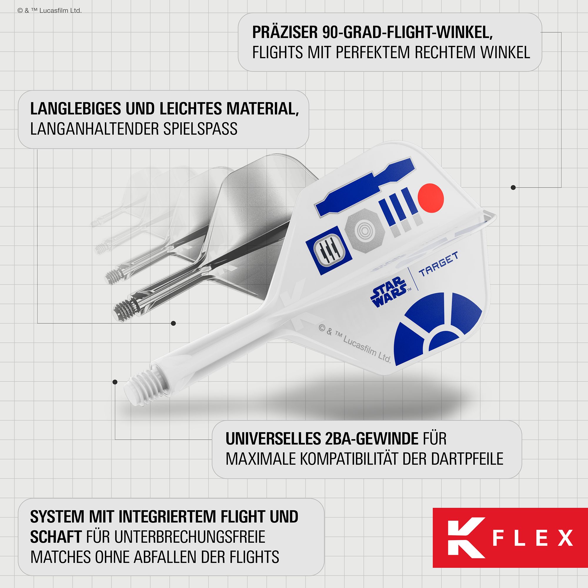 Das Bild zeigt die Target Star Wars K-Flex R2D2 No6 Flights. Sie sind eine dekorative Ergänzung für jeden Dartpfeil im Star Wars Look.