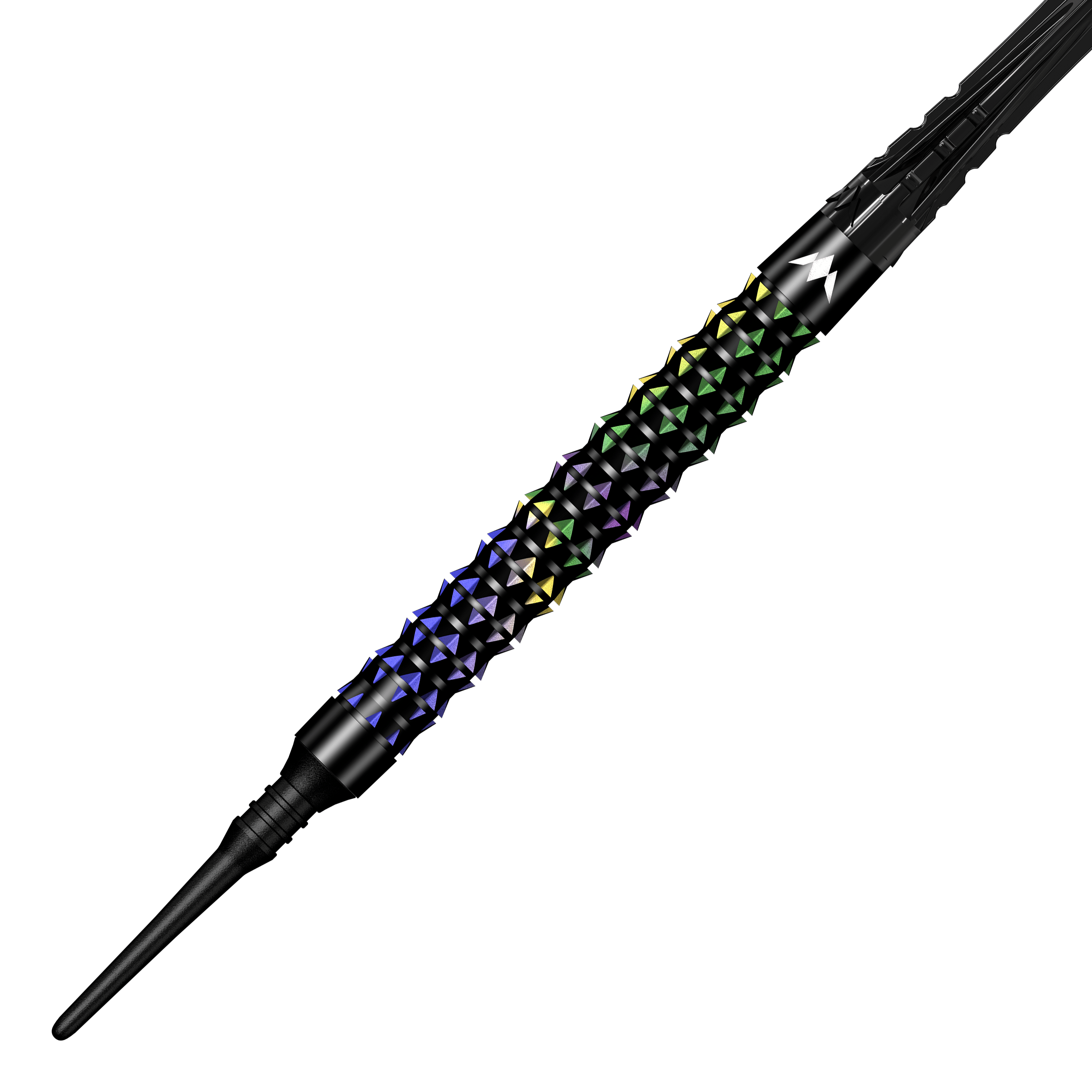 Dardos blandos Mission Black Opal - 20 g Mission Black Opal Softdarts - 20g wird seitlich präsentiert. Das Design betont die schwarze Oberfläche und die hochwertige Verarbeitung.