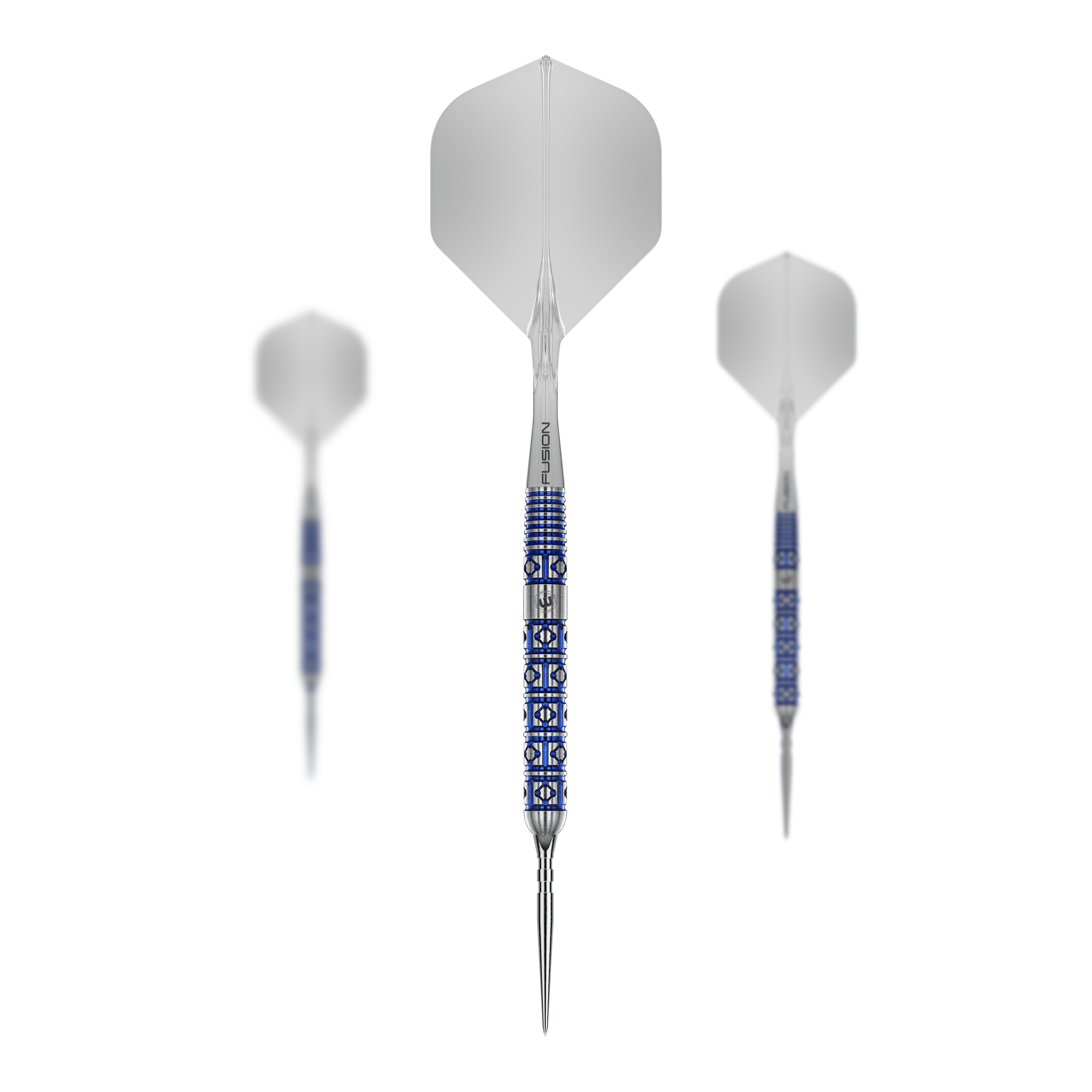 Abgebildet ist ein Set der Winmau Lunaris Parallel Switch Point Steeldarts. Mehrere Darts sind zusammen als Set angeordnet.