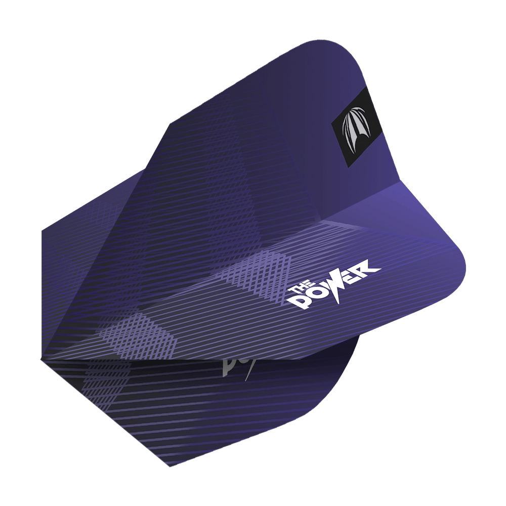 Plumas Target Pro Ultra Phil Taylor Power GEN10 Ten-X - 3 juegos Das Bild zeigt ein Set von lila Dart-Flights mit dem Aufdruck "The Power". Es handelt sich um die Target Pro Ultra Phil Taylor Power GEN10 Ten-X Flights.