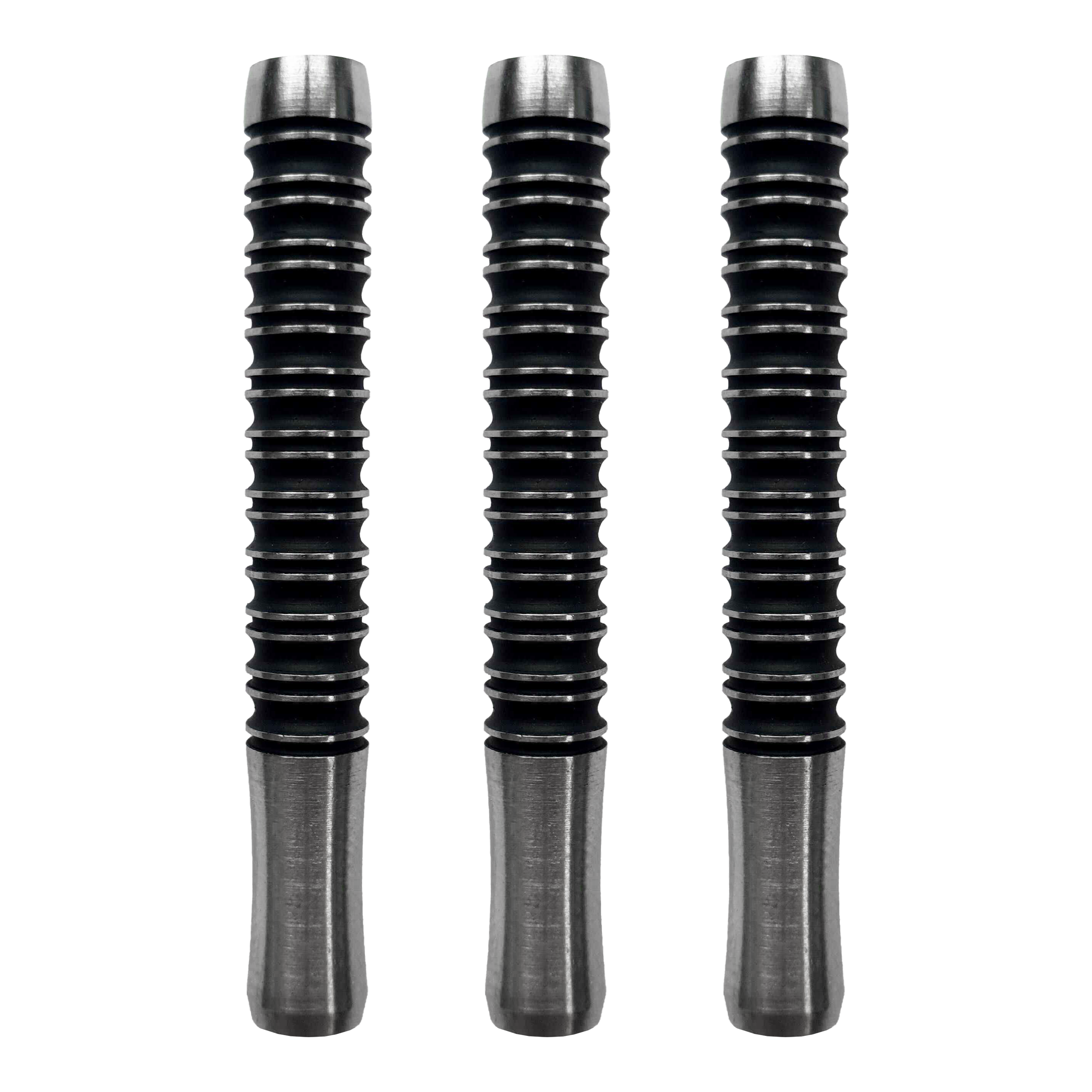 Barriles de dardos blandos McDart Super Grip 3 - 18 g Das Bild zeigt drei McDart Super Grip 3 Softdart-Barrels mit einem Gewicht von 18g. Die Dart-Barrels sind schwarz mit silbernen Enden und haben ein gerilltes Design für besseren Halt.