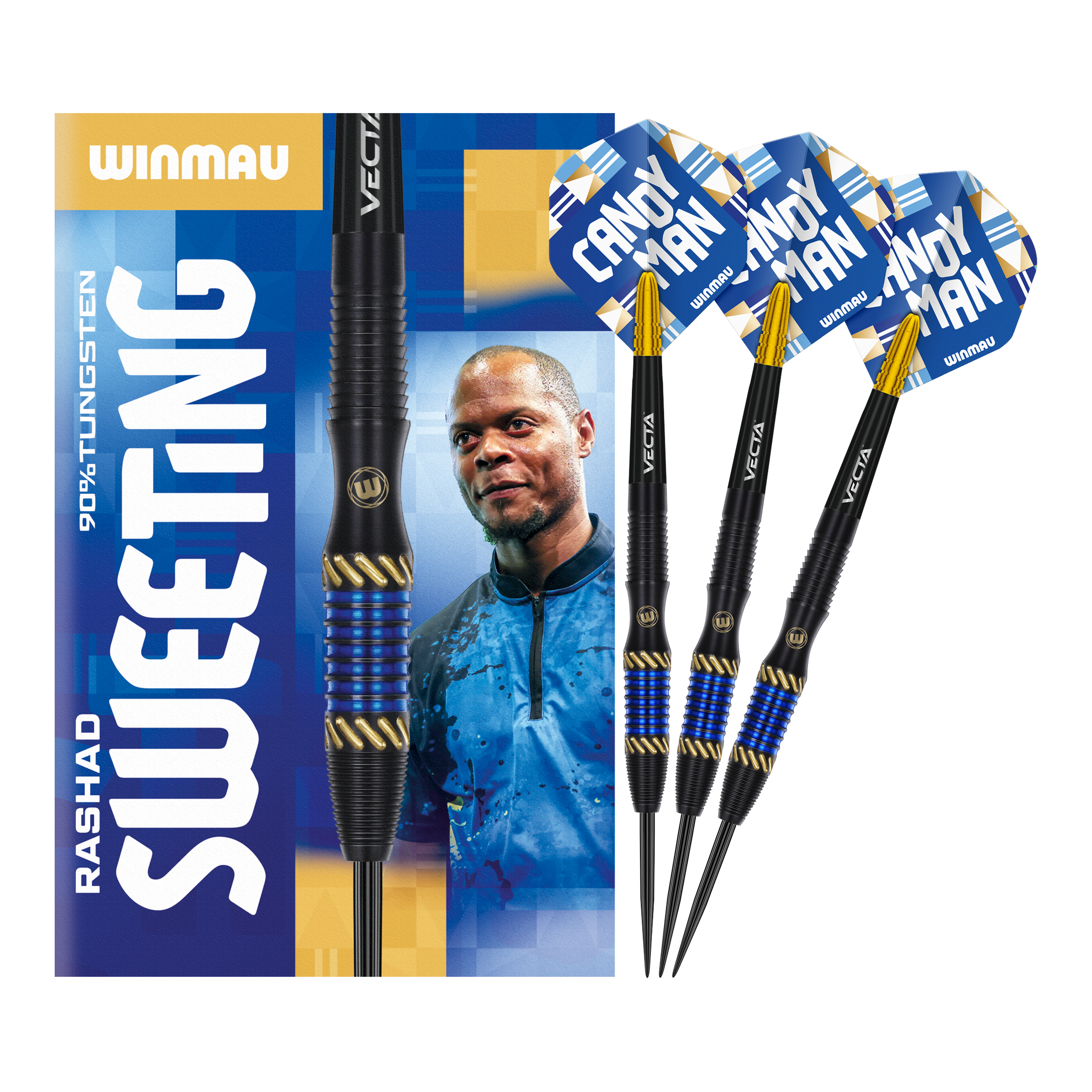 Dardos de acero Winmau Rashad Sweeting - 24 g Auf dem Bild sind die Winmau Rashad Sweeting Steeldarts - 24g zu sehen. Die Verpackung zeigt ein Porträt von Rashad Sweeting und die drei Darts sind mit blauen und goldenen Akzenten gestaltet.
