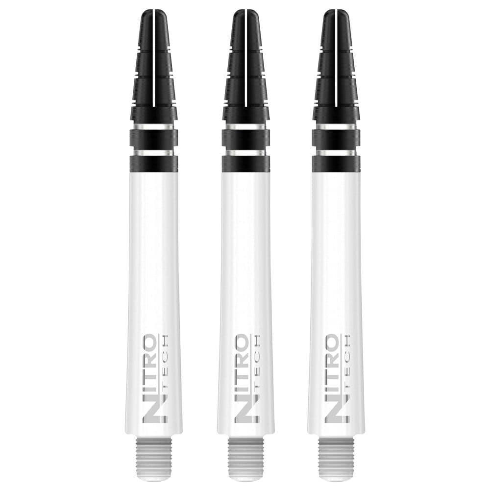 C447_Nitrotech_Medium_White_V Das Bild zeigt drei weiße RedDragon Nitrotech Shafts für Dartpfeile. Die Schäfte haben einen schwarzen oberen Teil und das Logo "NITRO TECH" ist aufgedruckt.