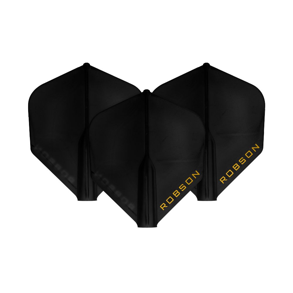 Auf dem Bild sind drei schwarze Dart-Flights zu sehen. Auf jedem Flight steht das Wort "ROBSON" in gelber Schrift.