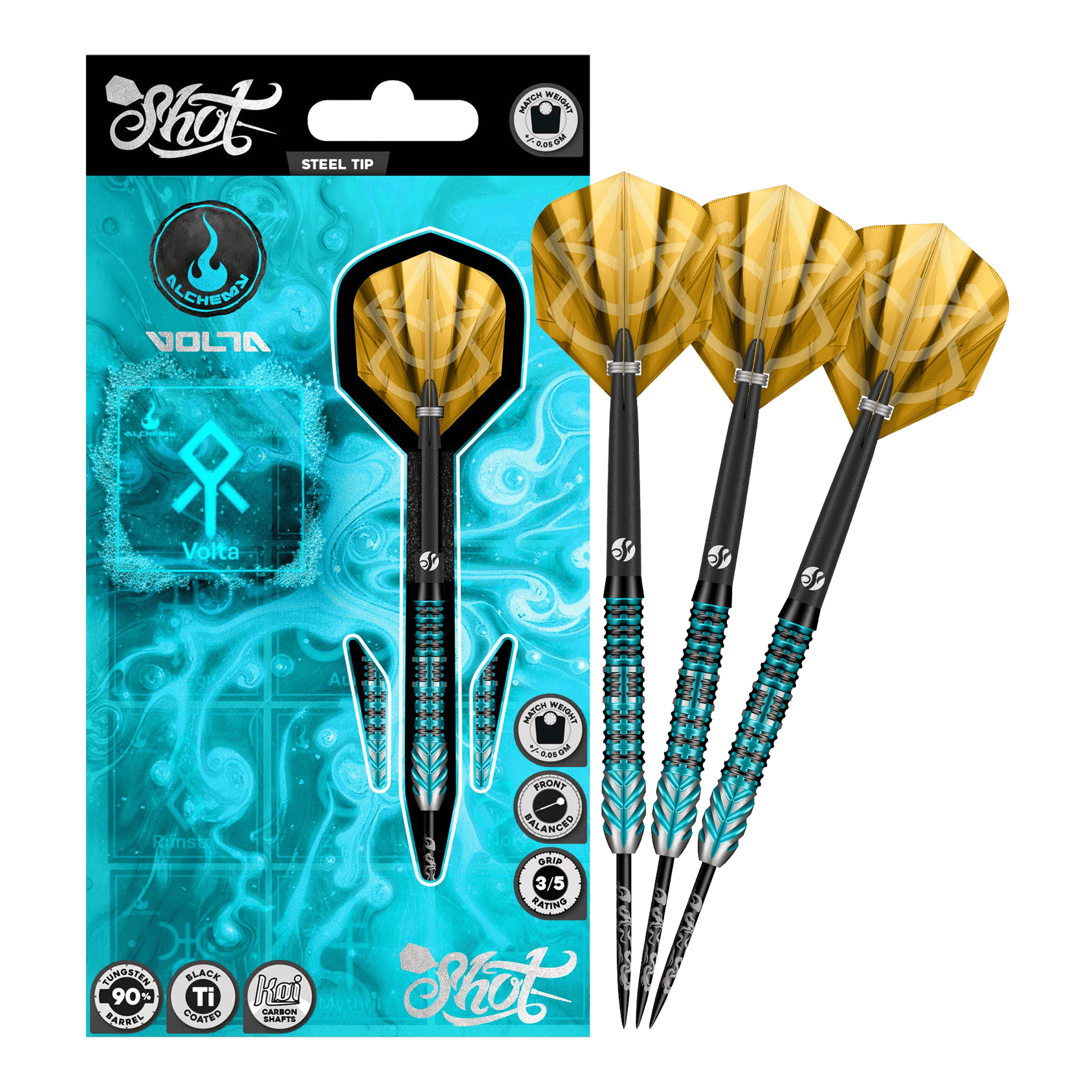 Dardos de acero Shot Alchemy Volta Das Bild stellt die Shot Alchemy Volta Steeldarts dar. Die Steeldarts sind hochwertig verarbeitet.