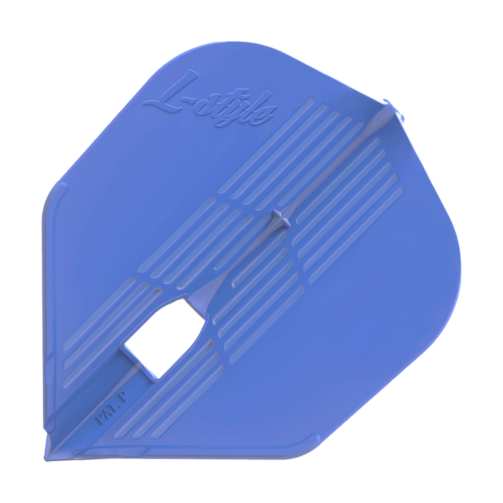 Vuelos KAMI L3PRO estilo L Das Bild zeigt ein blaues Dartflight mit dem Schriftzug "L-style" darauf. Das Flight hat eine eckige Form und gerillte Muster.