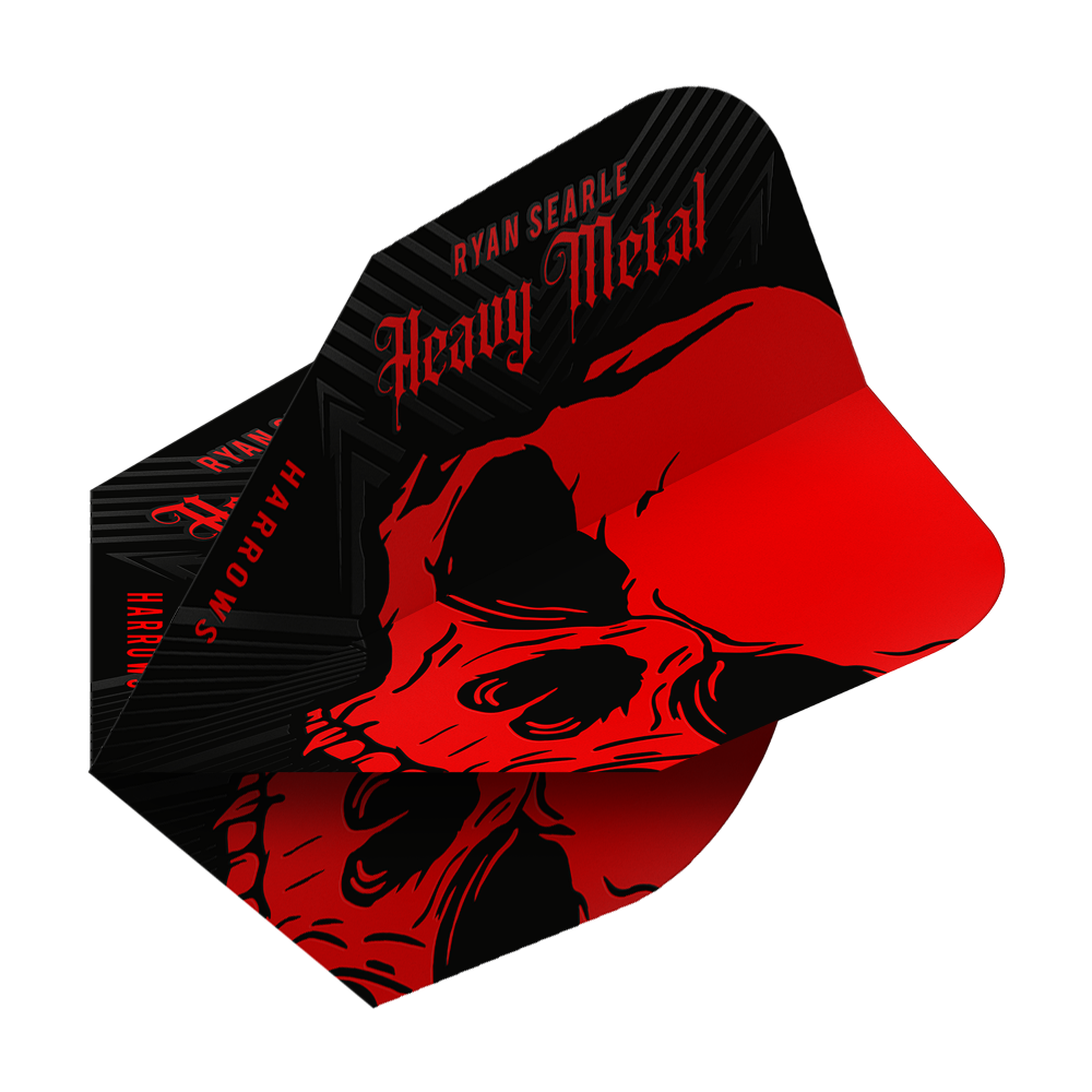 Vuelos de Heavy Metal No6 de Ryan Searle de Harrow Das Bild zeigt das Produkt "Harrows Ryan Searle Heavy Metal No6 Flights". Die Flights sind schwarz und rot gestaltet und zeigen einen auffälligen Totenkopf mit dem Schriftzug "Heavy Metal".