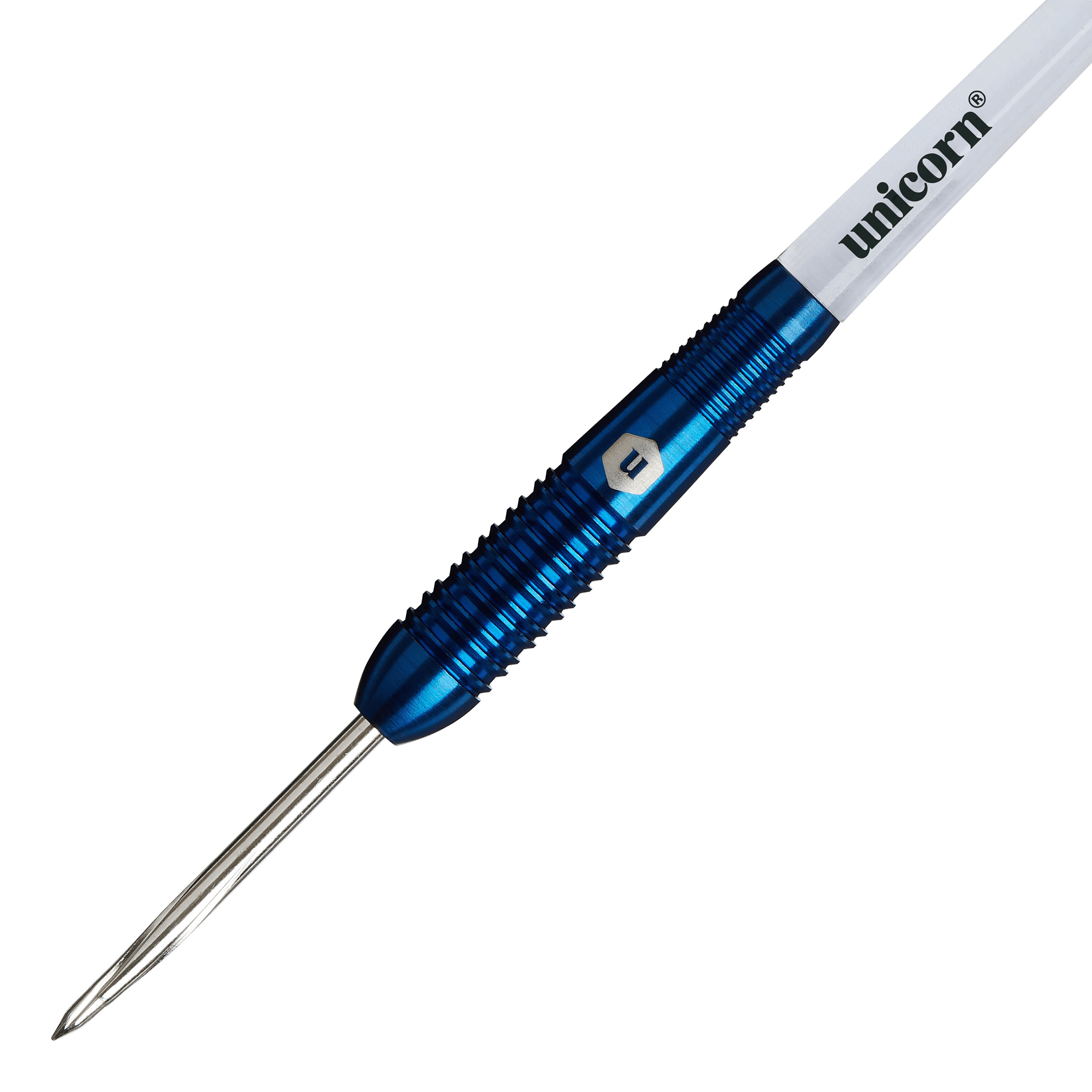 Dardos de acero Unicorn Prodigy 02 Torpedo Das Bild zeigt den Unicorn Prodigy 02 Torpedo Steeldart mit einem blauen, geriffelten Schaft. Auf dem weißen Schaftabschnitt steht der Schriftzug "unicorn".
