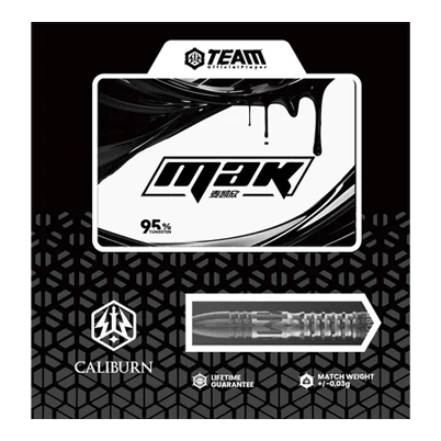 Dardos de acero Caliburn Player MAK Das Bild zeigt die Verpackung der Caliburn Player MAK Steeldarts mit einem Gewicht von 23,5g. Die Verpackung hebt das moderne Design und eine Lebenszeitgarantie hervor.