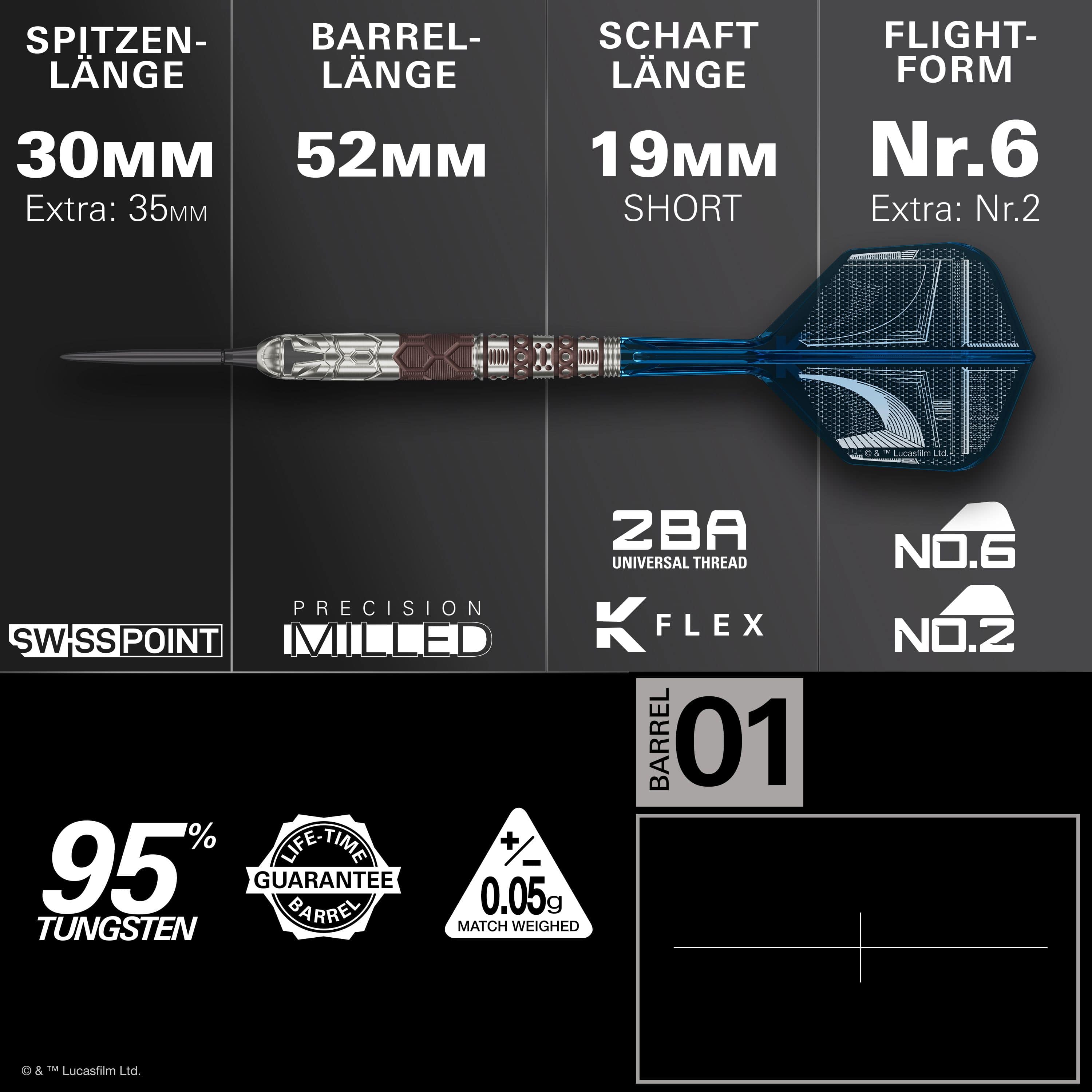 Dardos Target Star Wars Mandalorian 95 Swiss Point de acero Zu sehen ist das Produkt Target Star Wars Mandalorian 95 Swiss Point Steeldarts. Die Abbildung hebt das einzigartige Design dieser Dartpfeile hervor.