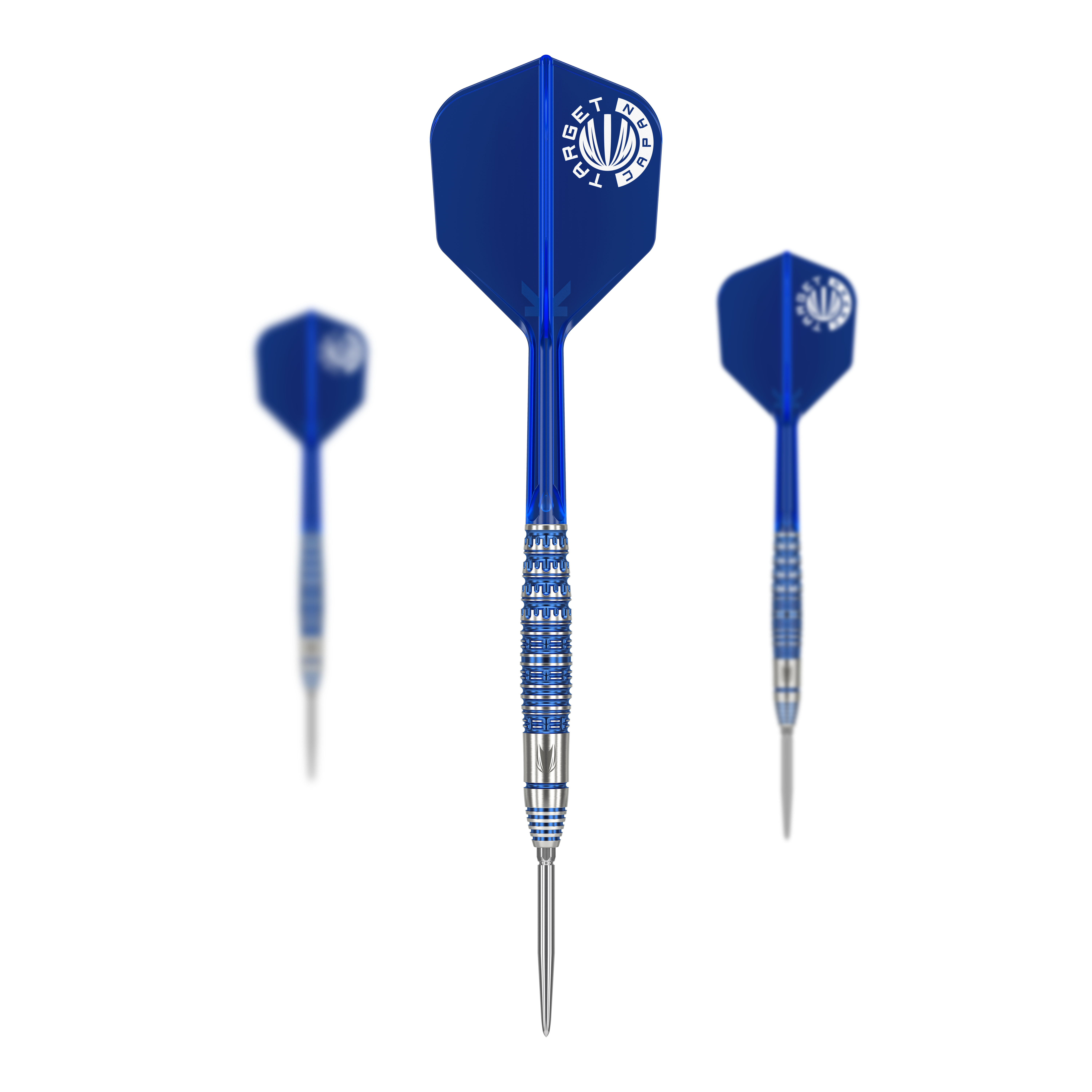 Das Bild zeigt drei Steeldarts mit blauen Flügeln und silber-blauen Schäften. Es handelt sich um das Produkt "Target Japan Toru Suzuki Sereno GEN1 Swiss Point Steeldarts - 21g".