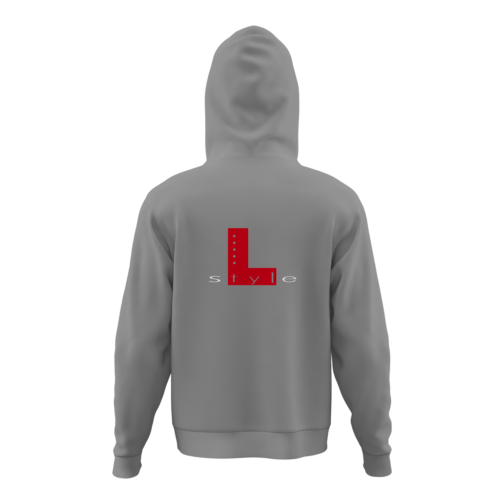 Sudadera con capucha estilo L, color gris Der Hoodie ist grau und hat auf der Rückseite ein großes rotes "L" mit dem Wort "style" darunter. Das Design ist schlicht und modern gehalten.